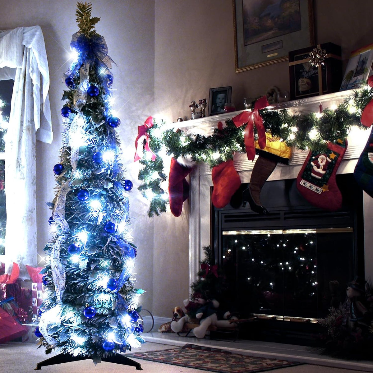 4FT Pop Up Christmas Tree Pre-lit Green Snowy Pencil w/Blue Bow,60 Lights