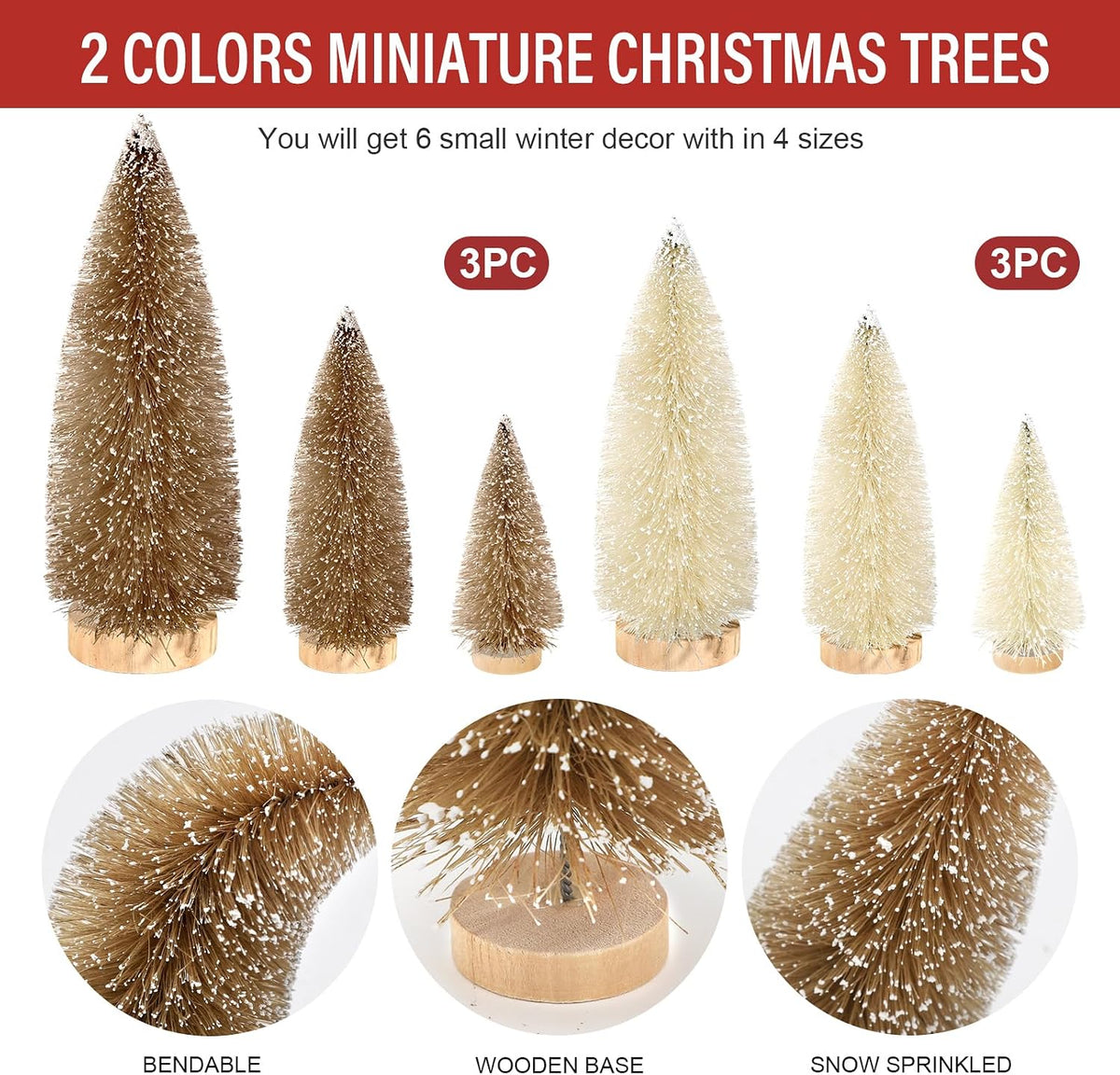 Hatisan 6pcs Mini Christmas Trees Decorations Small Bottle Brush Trees with Wooden Base, Artificial Christmas Trees for Village Tabletop Home Room Party Craft Christmas Decor Indoor(Khaki,Beige)