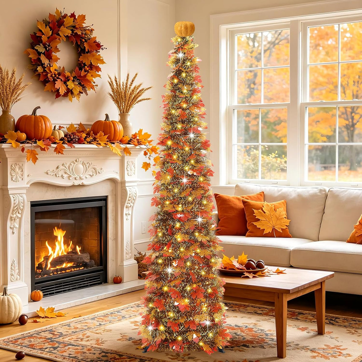 6 FT Pop Up Fall Tree with 100 LED Timer Lights & Pumpkin, Collapsible Maple Leaves Tinsel Thanksgiving Tree for Home Office Apartment Porch Autumn Christmas Holiday Decoration