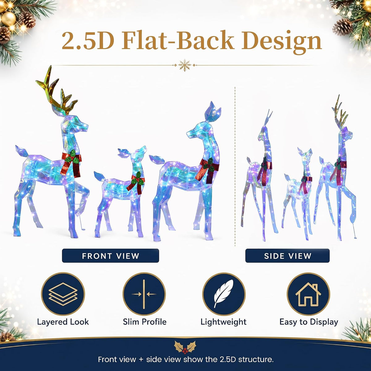 48" 3-Piece 2.5D Colorful Lighted Christmas Deer Family Outdoor Decorations, Clear-Look Reindeer Set with 145 Lights, Gold Antlers, Stakes and Zip Ties for Yard Lawn Porch Garden Holiday Decor