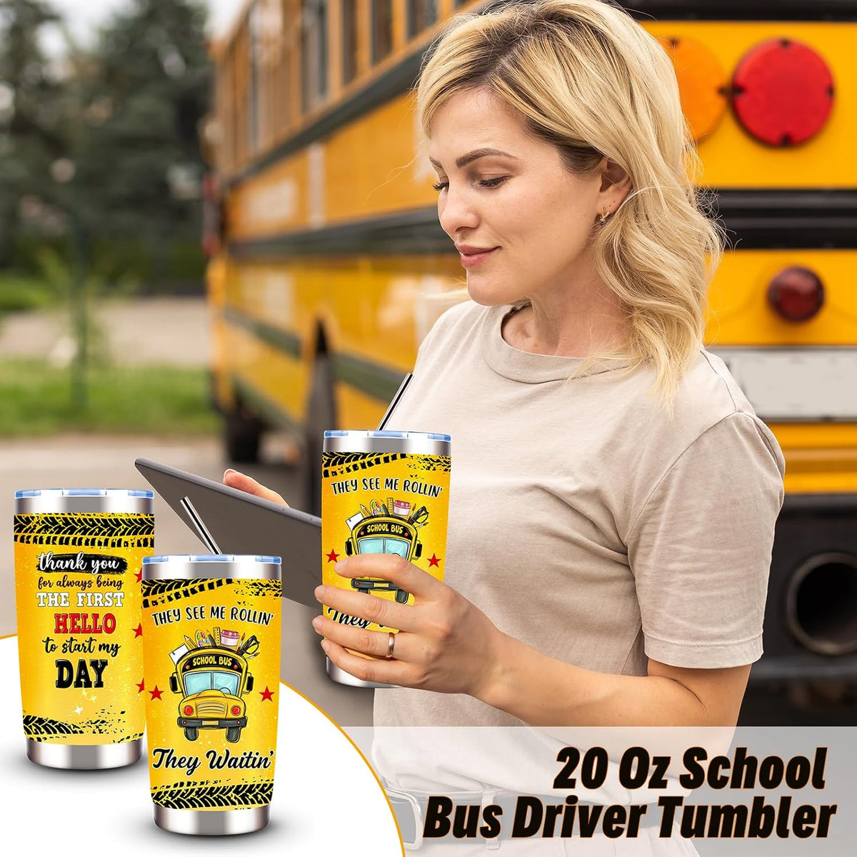 10 Pcs School Bus Driver Appreciation Gifts for Women, Back to School, Christmas Gift with 20 Oz Tumbler Hat Socks Makeup Bag Acrylic Heart Decor Bracelet Keychain, Thank You Gifts for Bus Driver