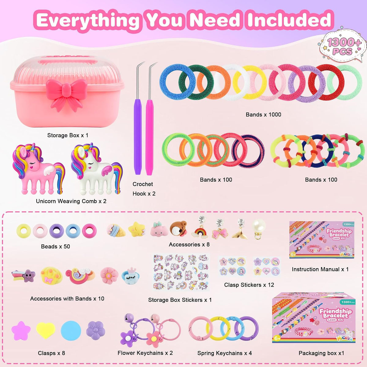 Rubber Band Bracelet Kit for Kids Girls Ages 6-12, 1300+ PCS DIY Craft Kits with 2 Weaving Comb & Organizer, Weaving Loom Kit Toys, Christmas Birthday Valentine Gifts for 7 8 9 10 11 12 Year Old