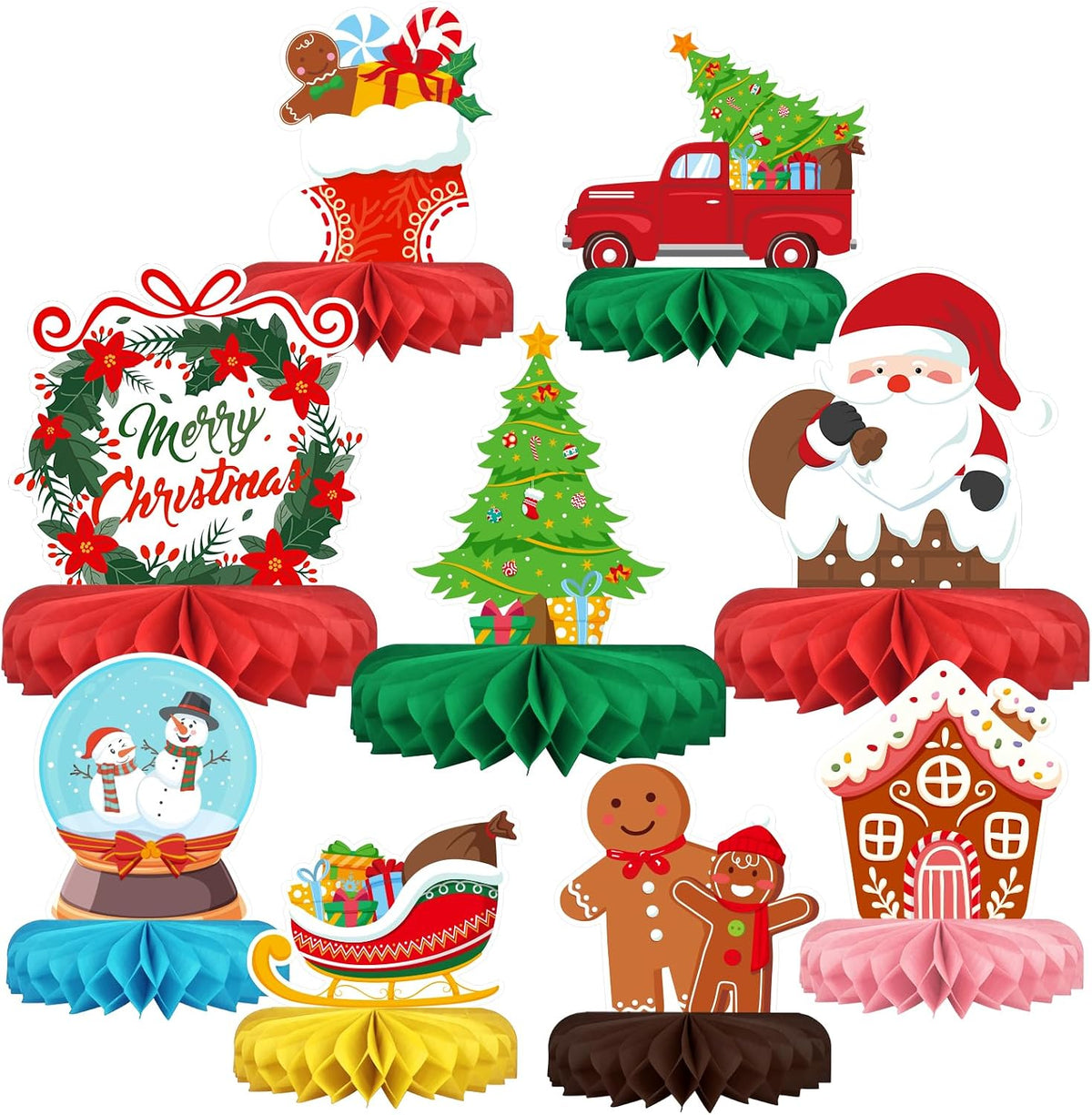 Merry Christmas Party Decorations Bundle - Includes Festive Christmas Honeycomb Centerpieces ï¼ŒSanta Claus Snowman Table Toppers, Perfect for Classroom Decor, Christmas & Winter Birthday Party Supplies