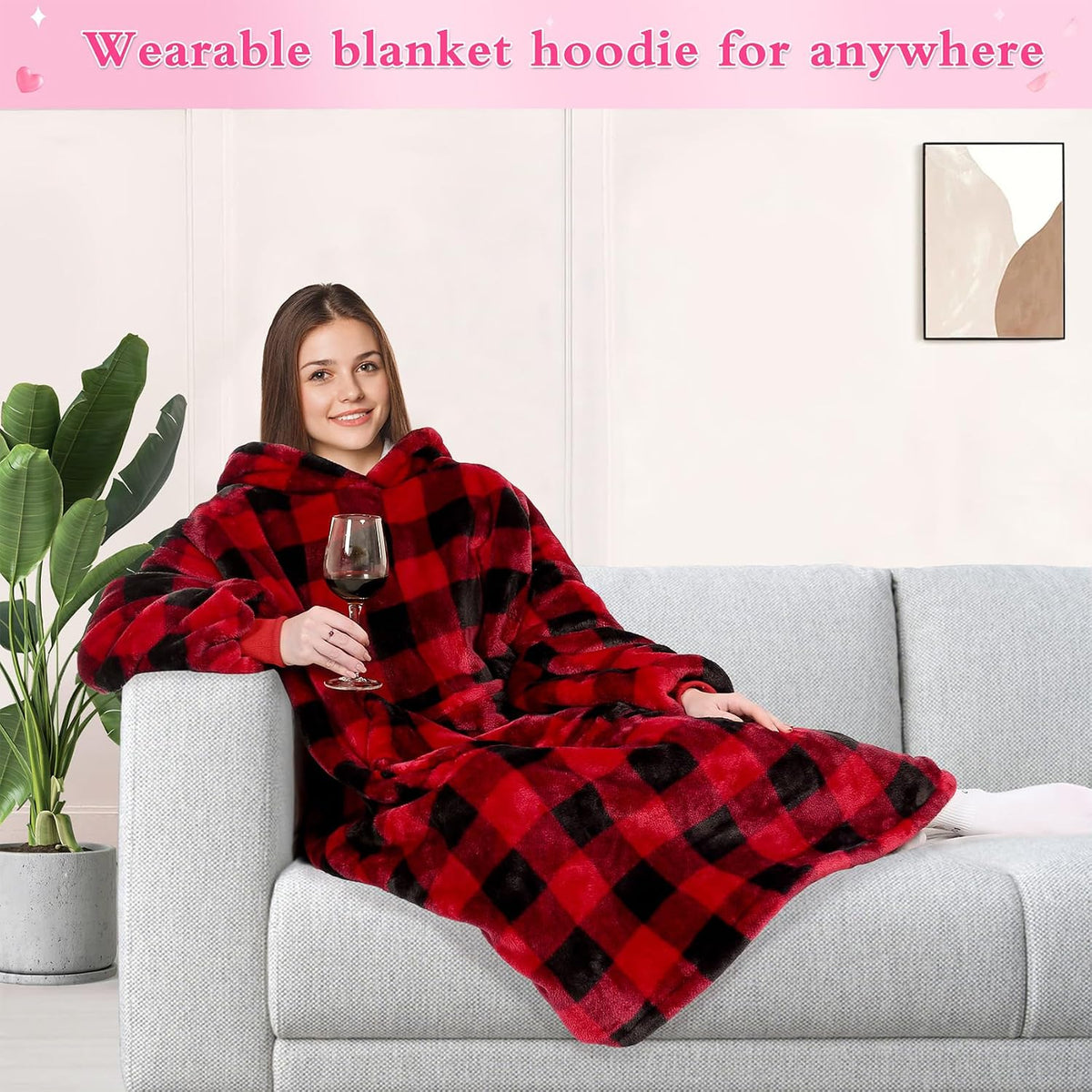 KPBLIS Wearable Blanket Hoodie Gifts for Women Men, Cozy Hoodie Blankets Sweatshirt Christmas Birthday Gifts for Women Mom Wife, Warm Fleece Hooded Blanket with Sleeves for Adults, Red Buffalo Plaid