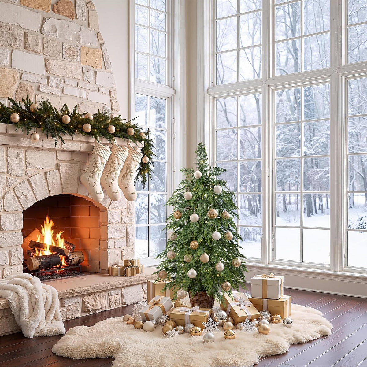 3ft Small Prelit Christmas Tree, 70 Warm White LEDs, Potted PE Cypress