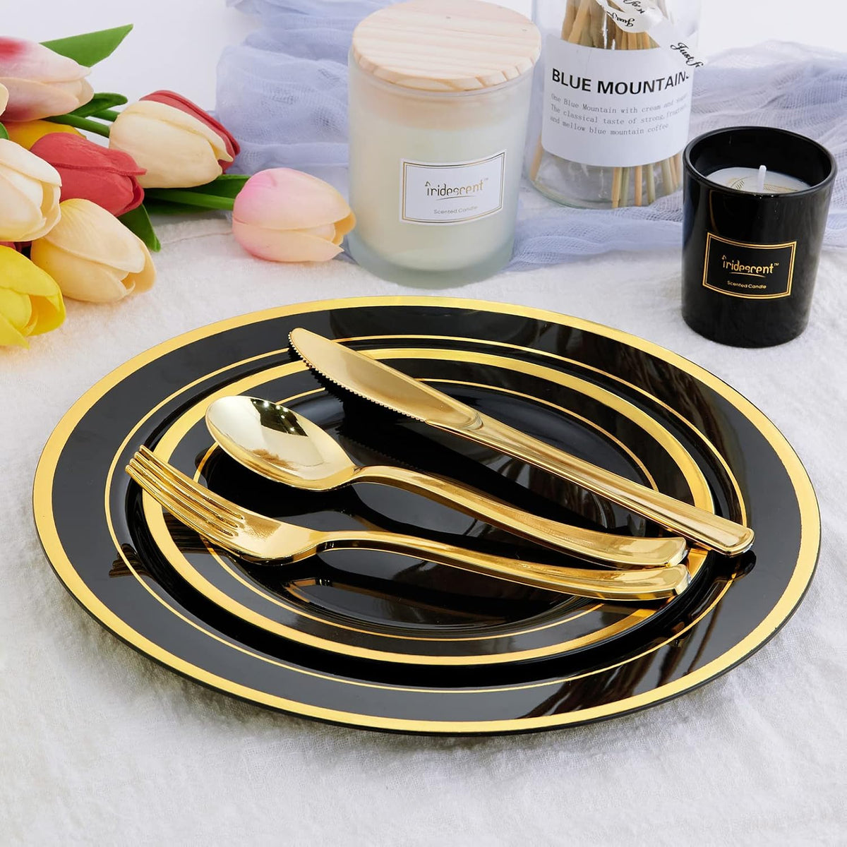 125 PCS Plastic Plates Set Gold Disposable Dinnerware Set for 25 Guests