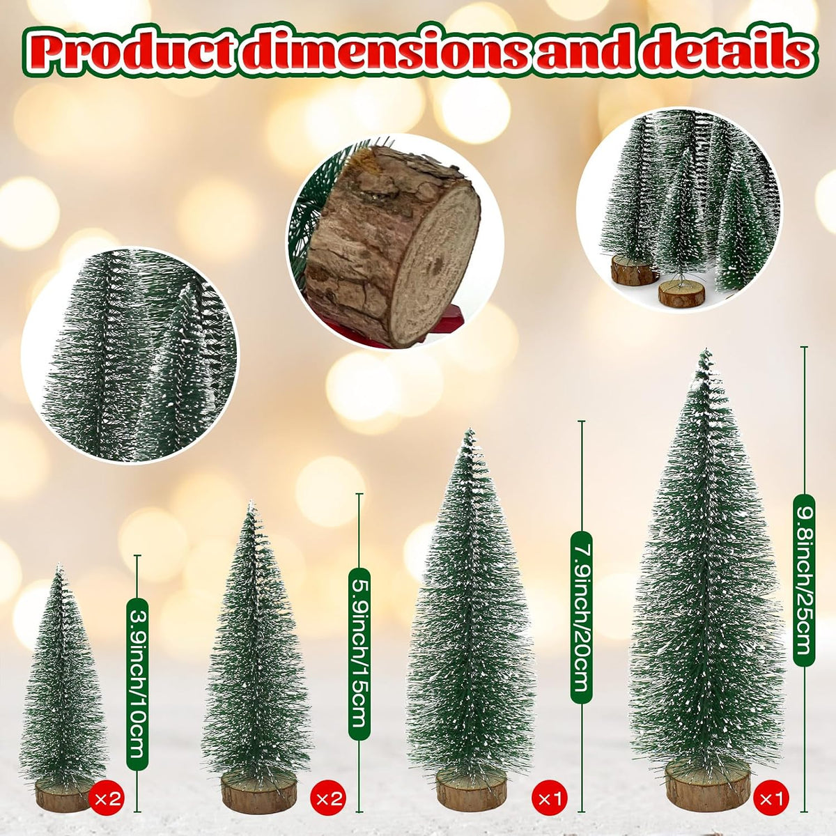 6 Pcs Small Christmas Trees Bottle Brush Christmas Trees Christmas Decorations, Small Christmas Pine Tree with Wooden Base for Christmas Table Decorations (4 Size)