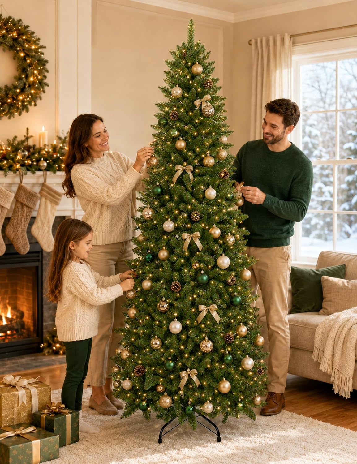 7.5ft Artificial Pencil Slim Christmas Tree, Includes Metal Stand, Kingswood Fir, Easy Assembly with Hinge