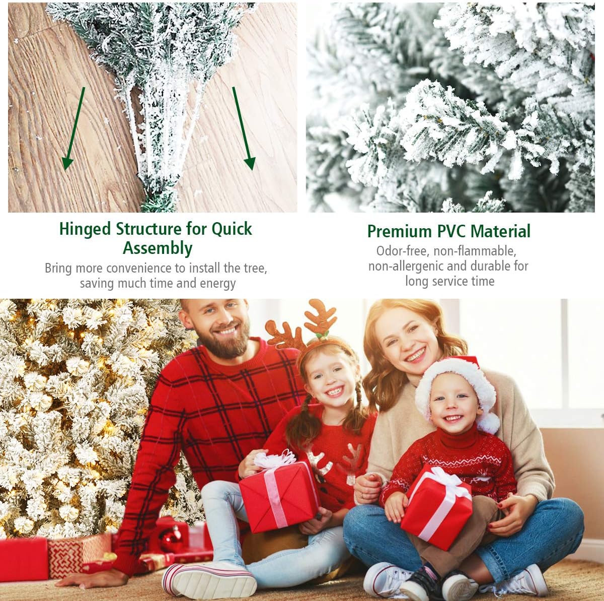 Nightcore 7.5FT Pre-Lit Artificial Christmas Tree, Snow Flocked Hinged Pine Tree w/with 1010 Branches Tips and 450 Warm LED Lights, Perfect Xmas Decoration for Indoor & Outdoor Home Office Party