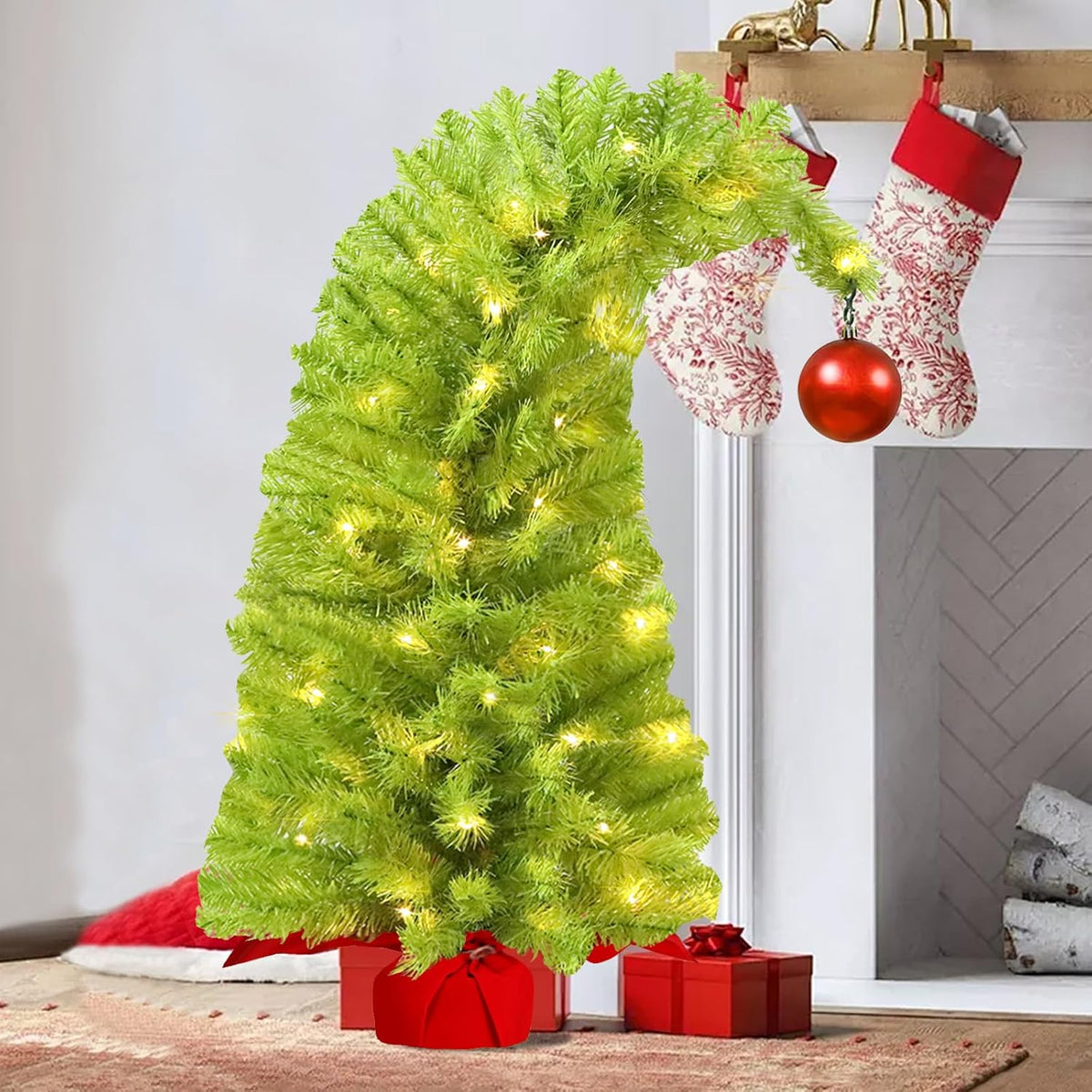 Whimsical Table Top Small Christmas Tree, 2 FT Bendable Lime Green Christmas Tree with Lights and Red Ball, Curved Shape Artificial Tabletop Tree for Home Office Holiday Party Decoration