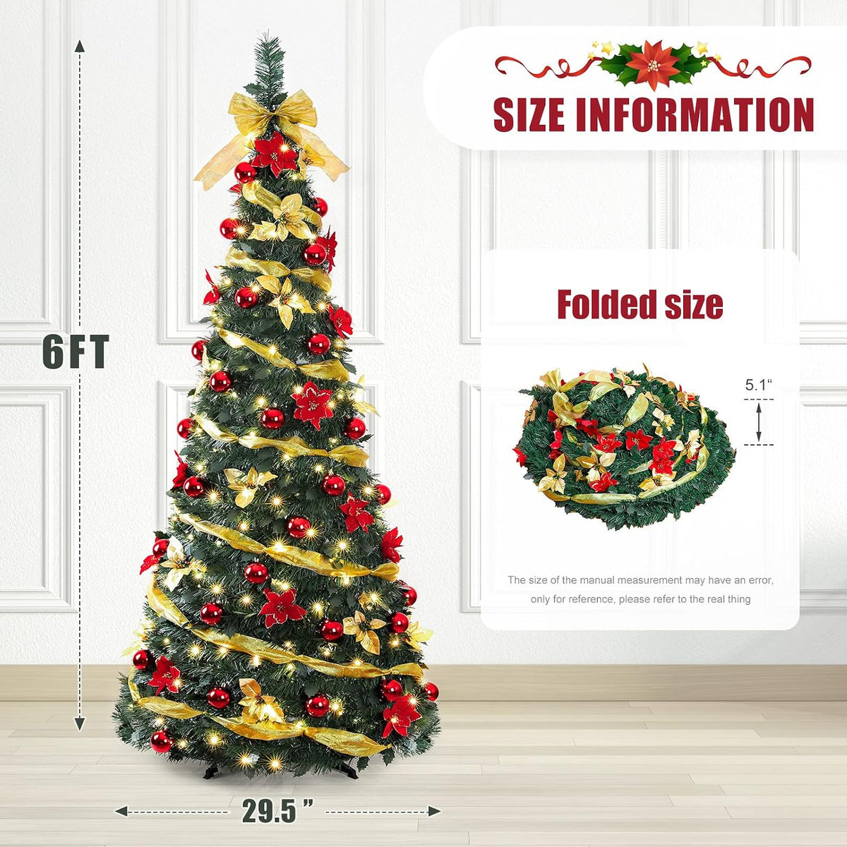 Decoway Pre Lit Christmas Tree: Pop Up 6 FT Warm White LED Lights (Yellow)