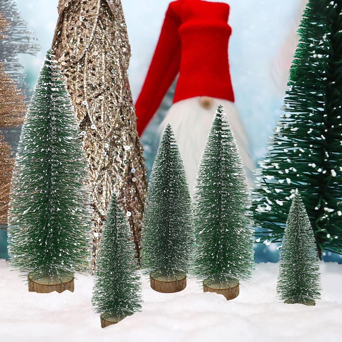 6 Pcs Small Christmas Trees Bottle Brush Christmas Trees Christmas Decorations, Small Christmas Pine Tree with Wooden Base for Christmas Table Decorations (4 Size)