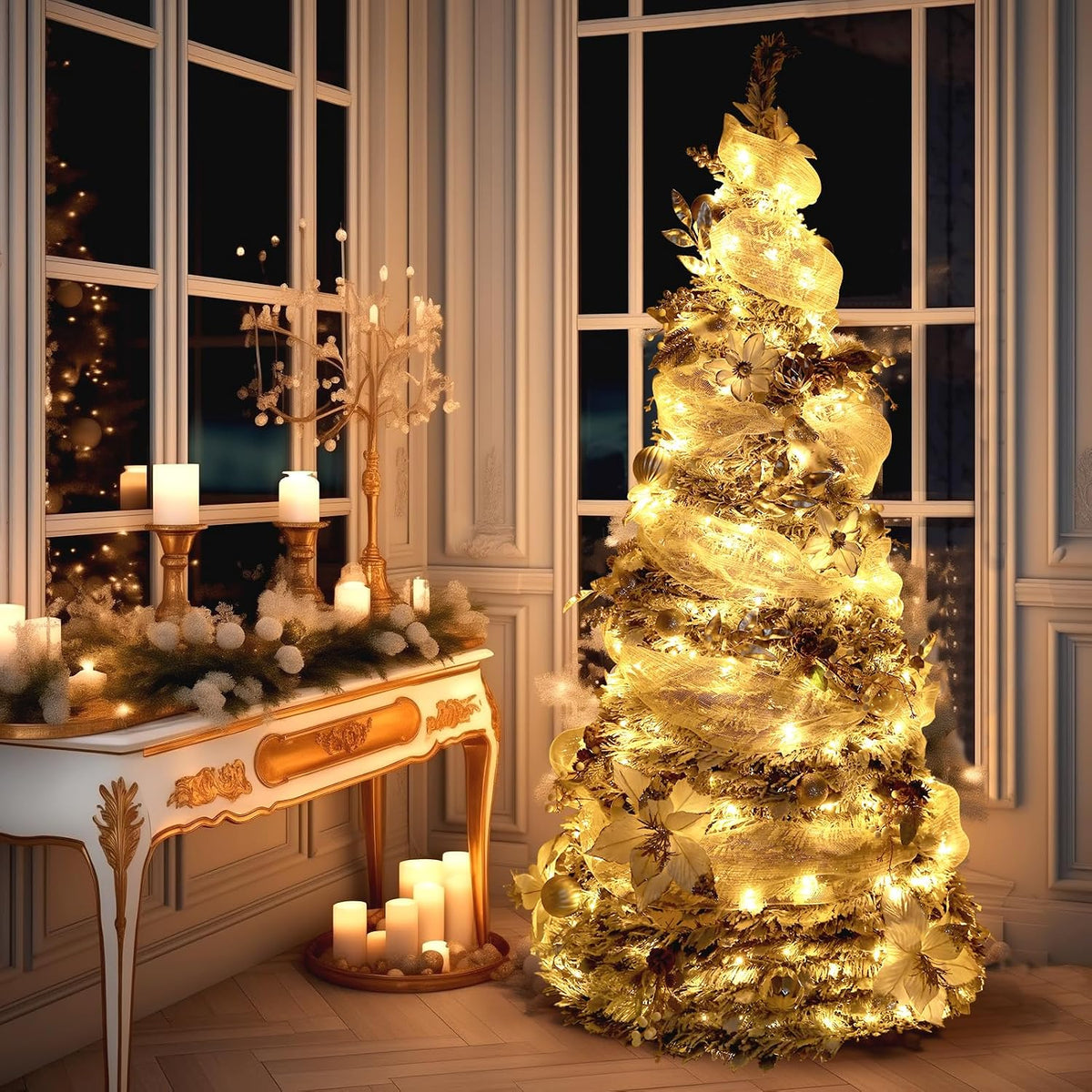 WBHome 6.5 FT Sliver & White Pop-Up Christmas Tree, Pre-Lit and Fully Decorated, Fire-Resistant Collapsible Outdoor Indoor Holiday Party Decor