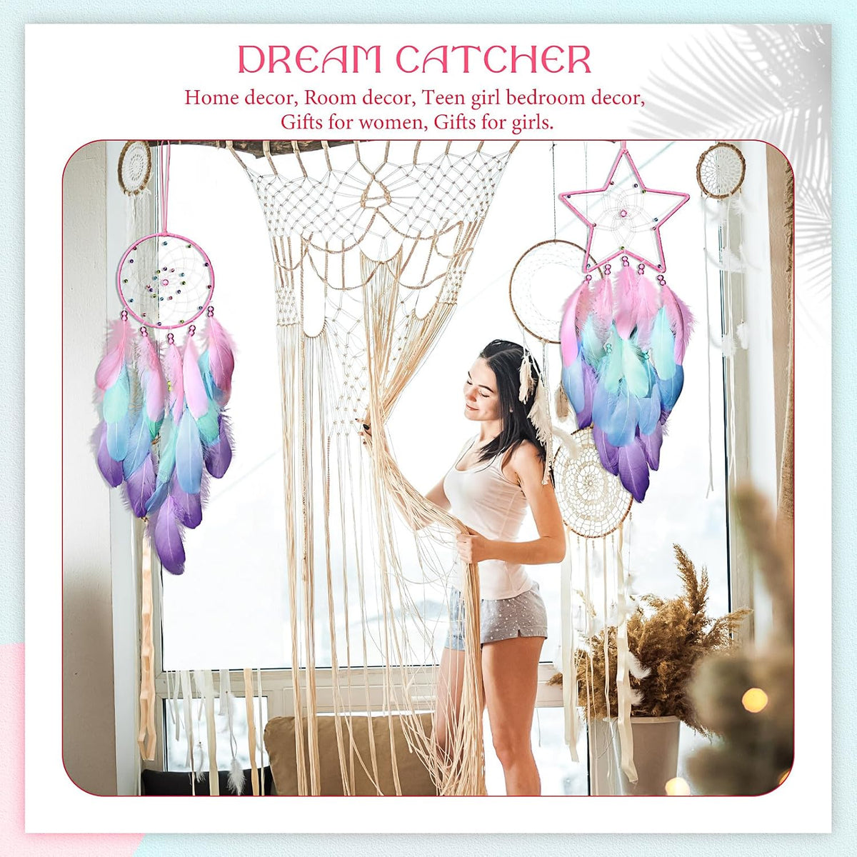 Jetec 3 Pcs Dream Catcher for Girl Star Sun Moon Decor, Macaron Color