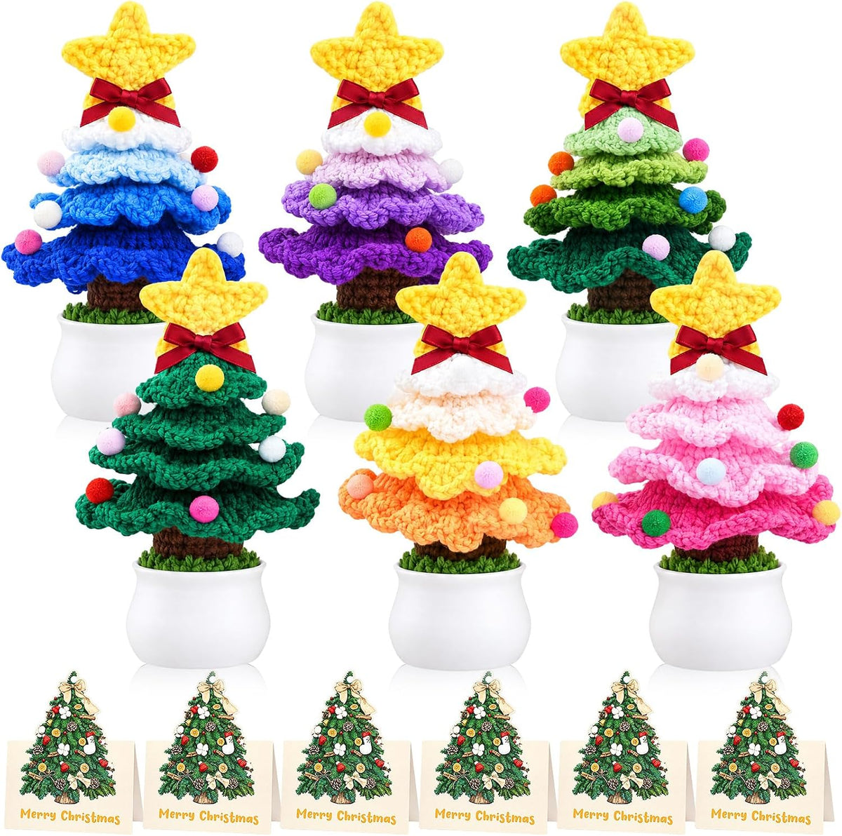 6 Sets Crochet Christmas Tree Gifts with Merry Christmas Cards