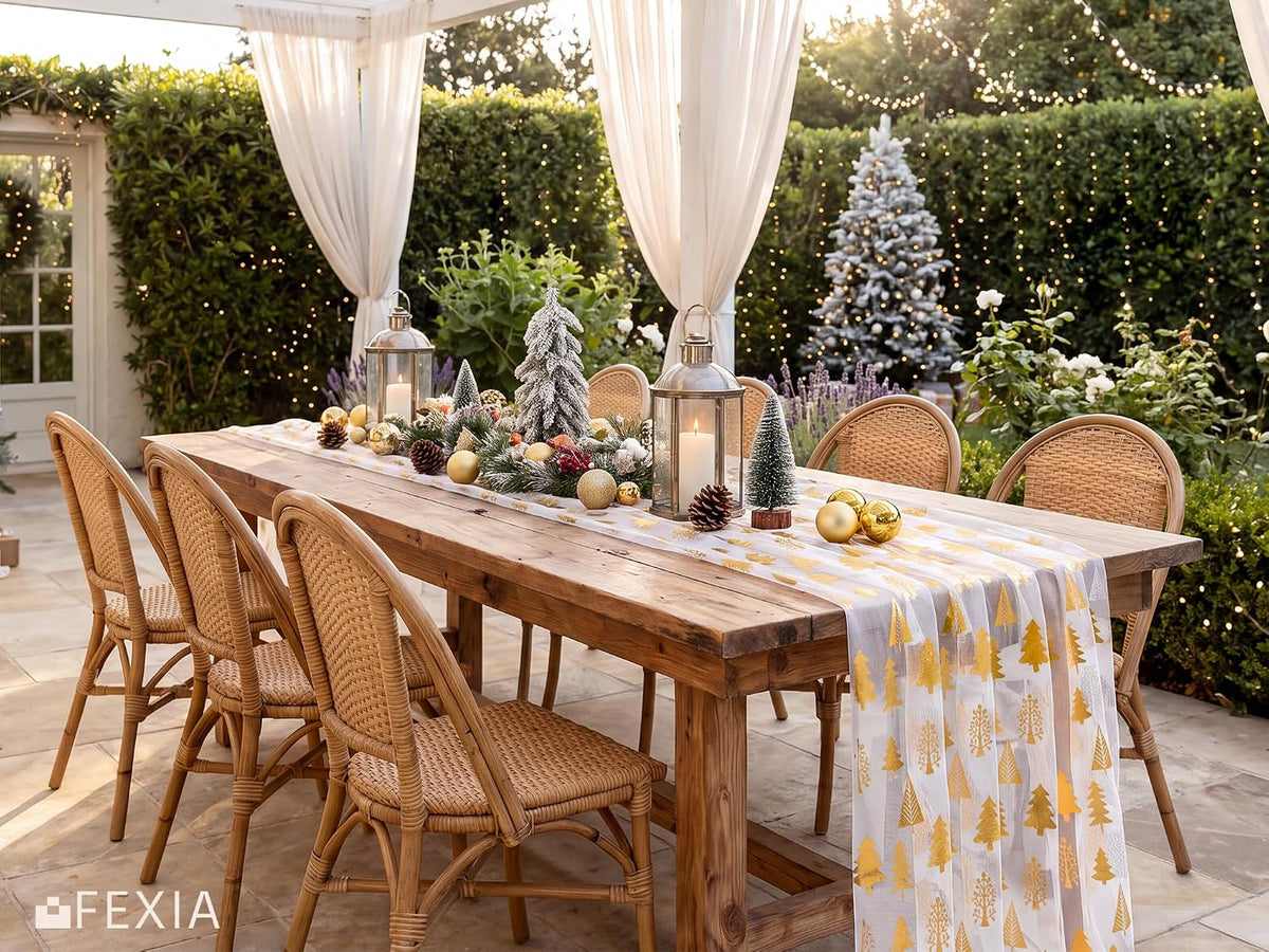 FEXIA Christmas Table Runner, White Tulle Gold Tree Runner, 28x120 Inch