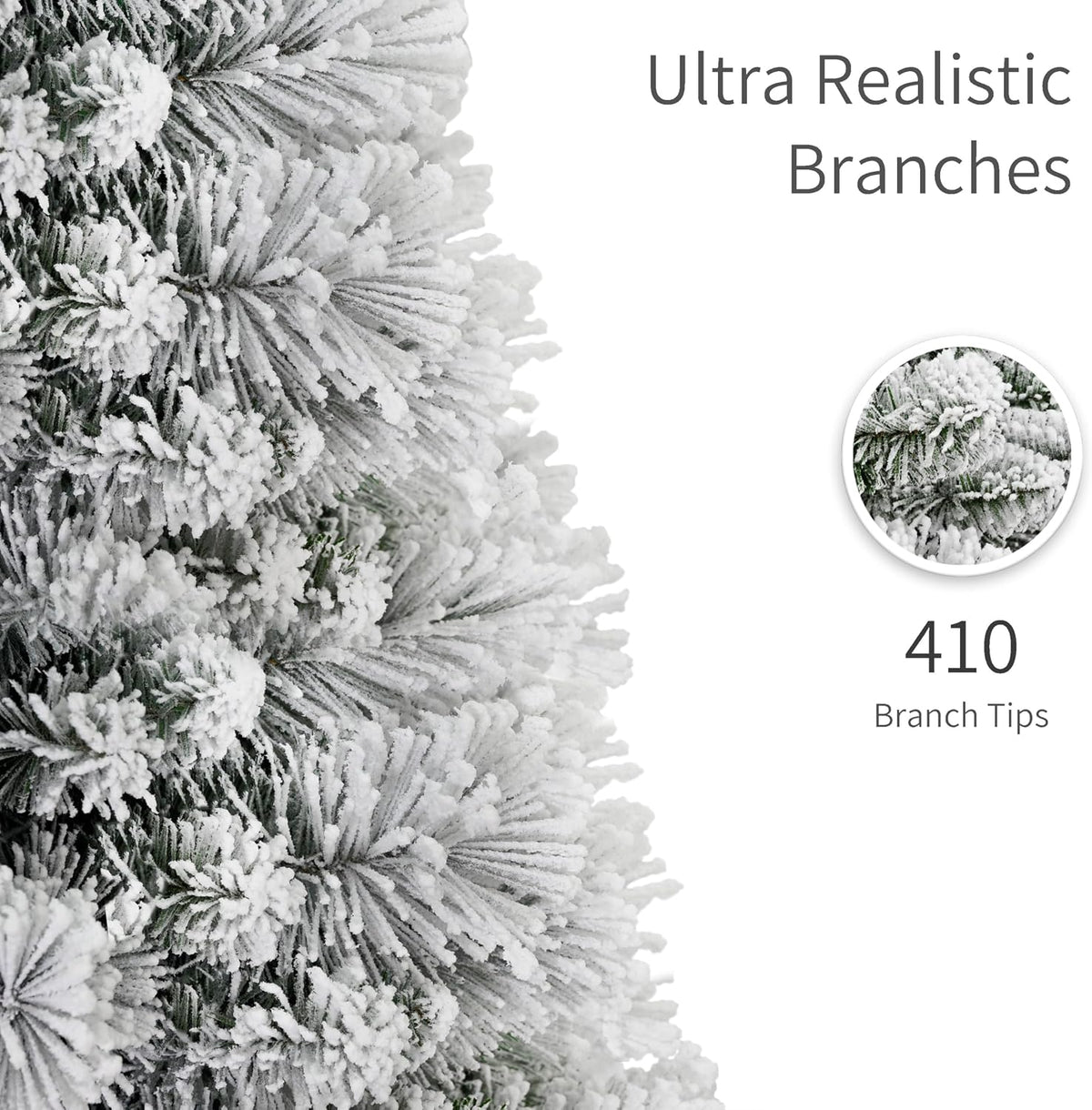 Puleo International 6.5ft Pre-Lit Flocked Portland Pine Pencil Christmas Tree with 300 Clear Lights, 410 Realistic Dense Snow Flocked Branch Tips, Easy Setup Artificial Trees with Sturdy Metal Stand
