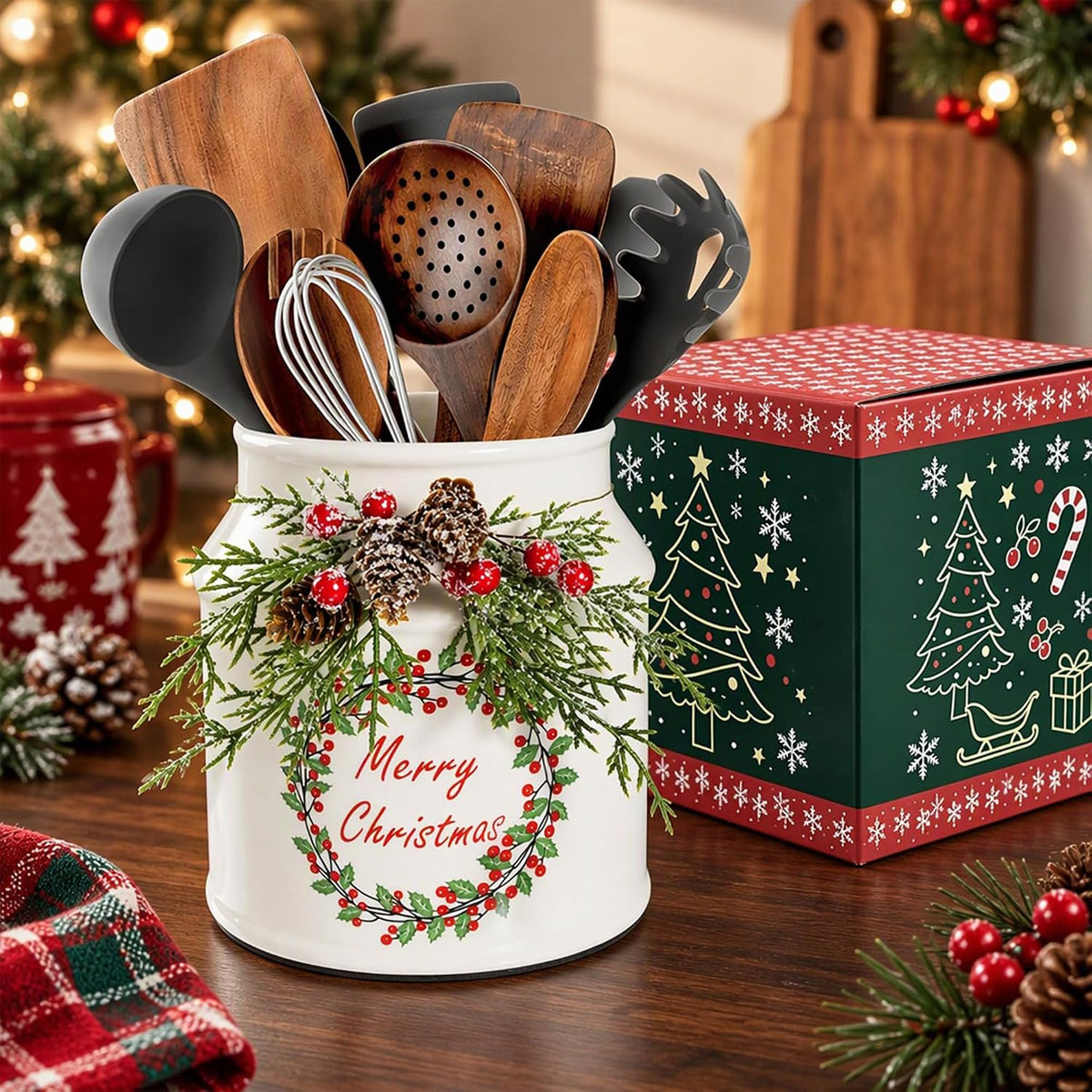 Christmas Utensil Holder with Artificial Pine Branches, Comes with Xmas Box