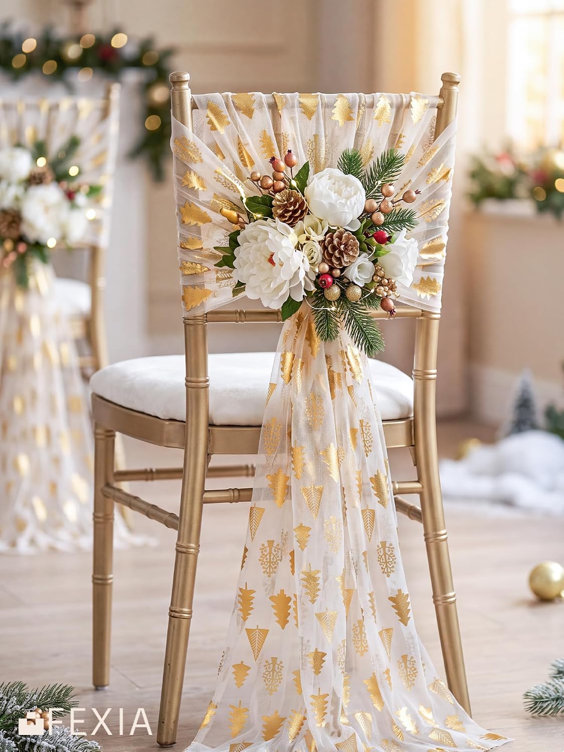 FEXIA Christmas Table Runner, White Tulle Gold Tree Runner, 28x120 Inch