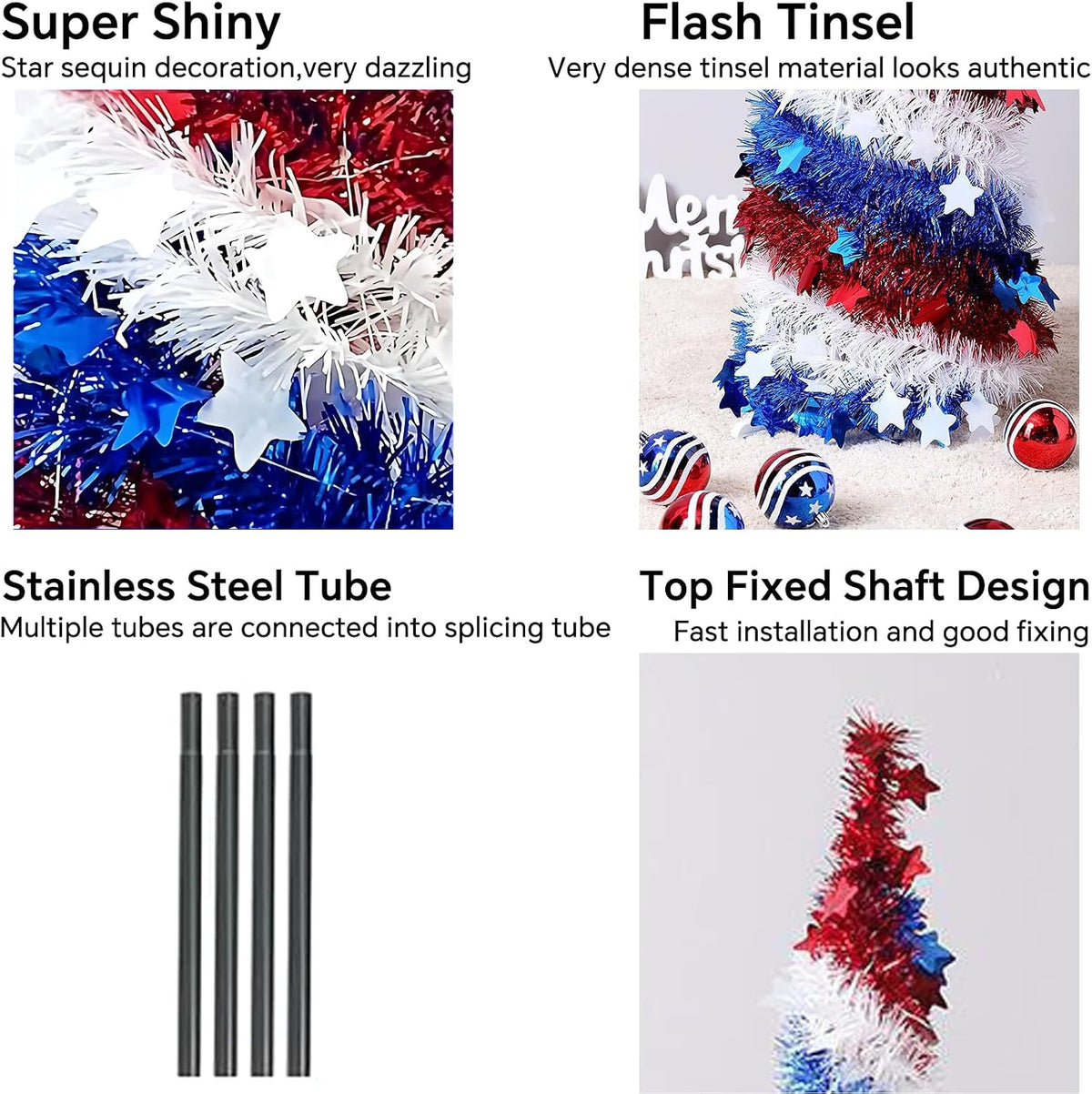 5Ft Pop up Christmas Tree 4th of July Patriotic Decorations Tree, Artificial Collapsible Star Sequins Christmas Tree for Indoor Outdoor Independence Day Red White and Blue Decorations