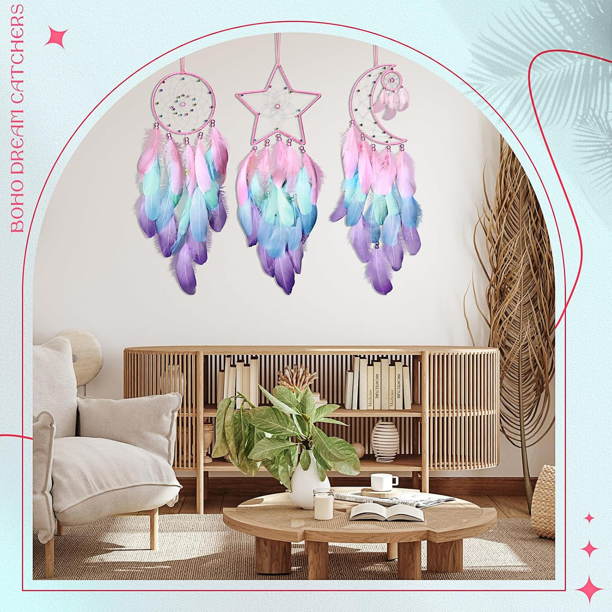 Jetec 3 Pcs Dream Catcher for Girl Star Sun Moon Decor, Macaron Color