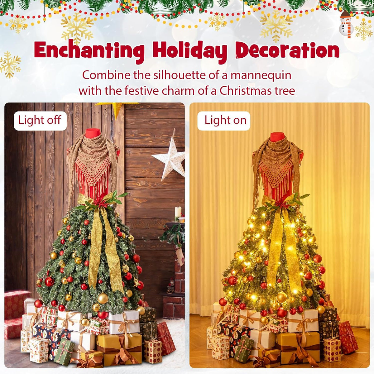 Goplus 5ft Pre-Lit Dress Form Christmas Tree, Artificial Xmas Tree with Female Mannequin Torso, Scarf, 248 Lush Branch Tips, 100 Warm White LED Lights, Metal Stand, Home Office Holiday Decoration