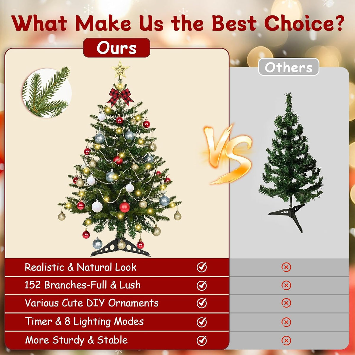 Uspring 3FT Small Christmas Tree with Lights, Artificial Table Top Christmas Tree with 50 LED Lights and Hanging DIY Ornaments, Mini Xmas Trees for Indoor Holiday Home Party Decorations