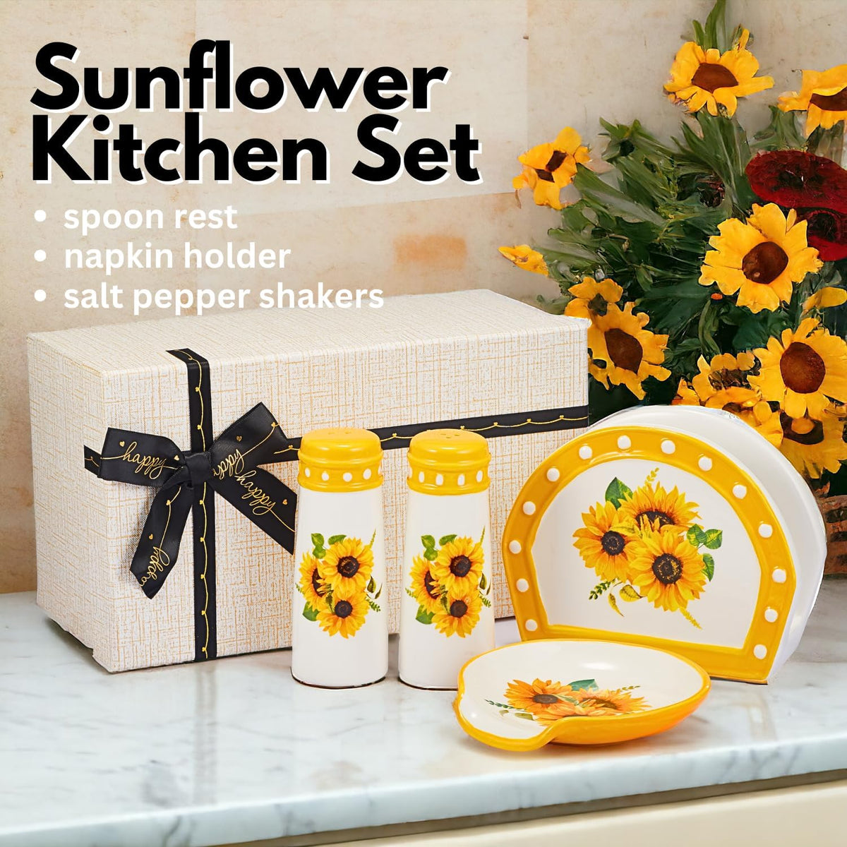 Sunflower Kitchen Decor - Sunflower Spoon Rest, Ceramic Spoon Rest for Stove Top, Large Spoon Rest for Kitchen Counter Decor, Farmhouse Cute Utensil Holder Spoon Holder - Sunflower Christmas Gifts