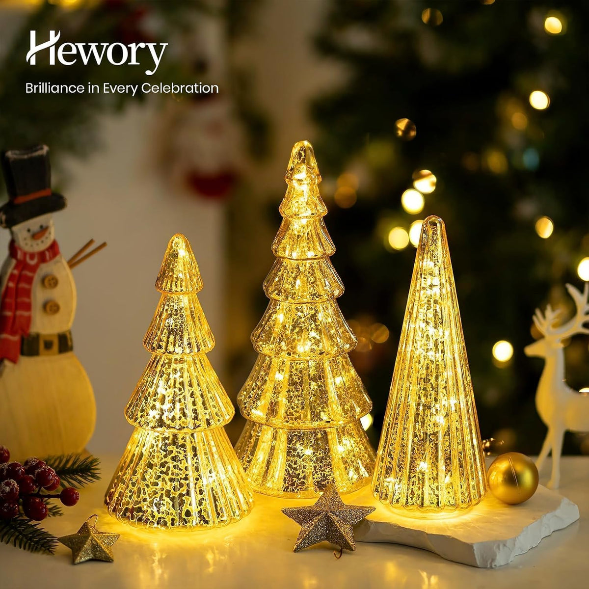 Hewory Mercury Glass Christmas Tree: 3 Pcs Gold Table Decor with LED Lights