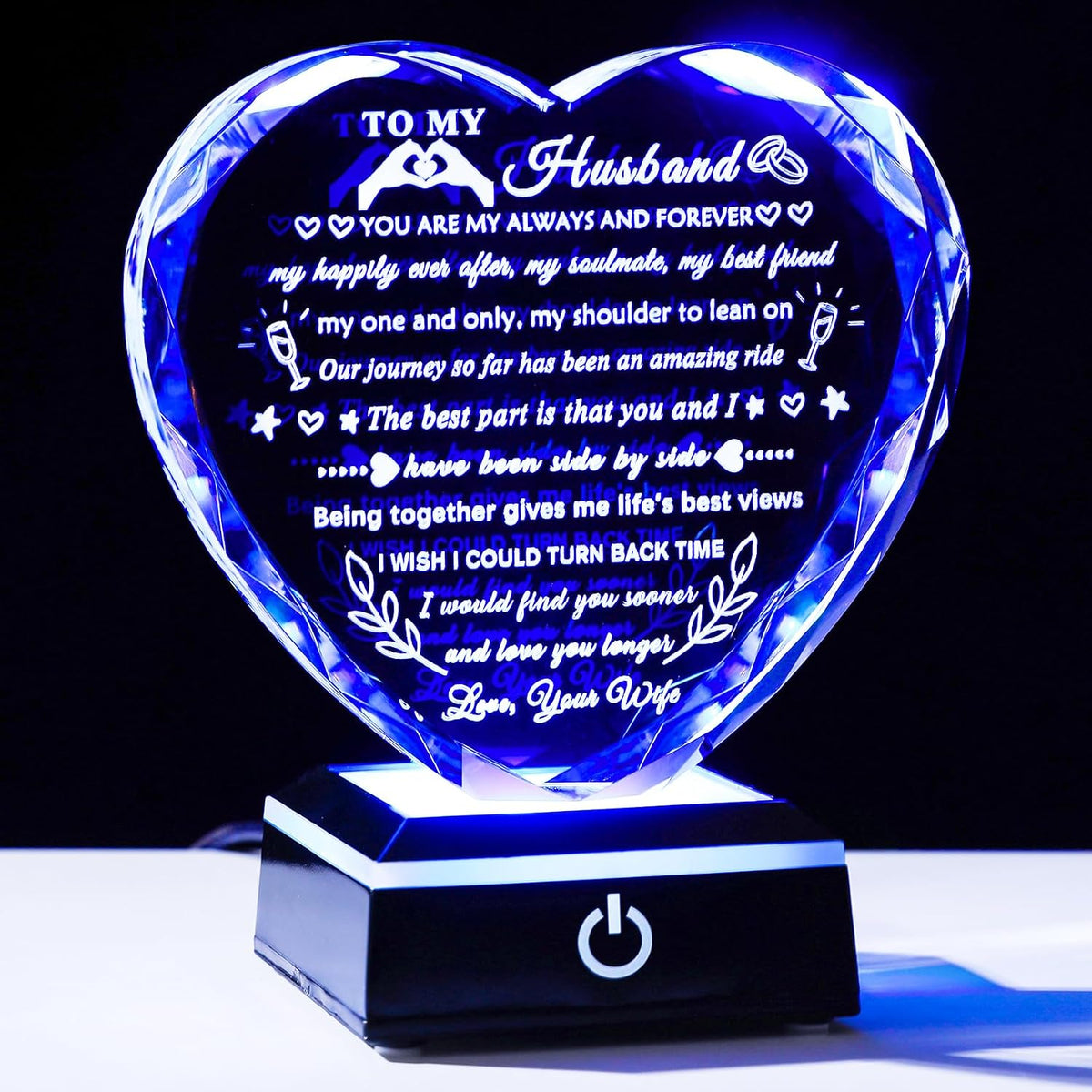 YWHL Gifts for Husband from Wife with Colorful LED Base Anniversary Birthday Gifts for Husband to My Husband Crystal Heart keepsake I Love You Gifts for Him on Valentine Christmas Fathers Day