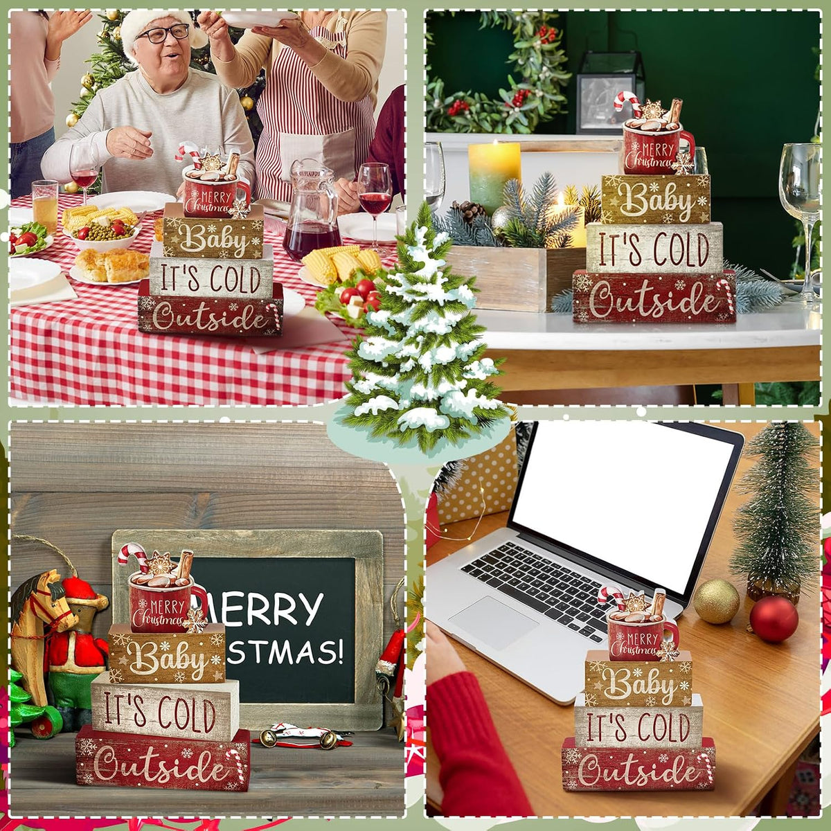 Moucuny 4 Pcs Christmas Table Decorations Indoor, Hot Cocoa Wood Block Sign