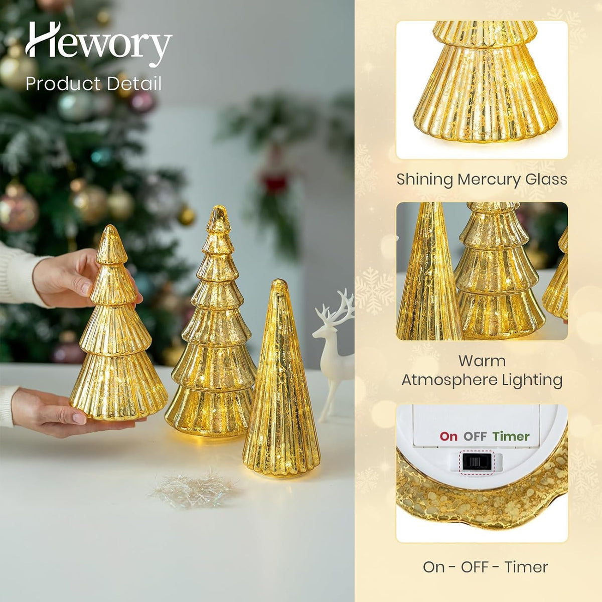 Hewory Mercury Glass Christmas Tree: 3 Pcs Gold Table Decor with LED Lights
