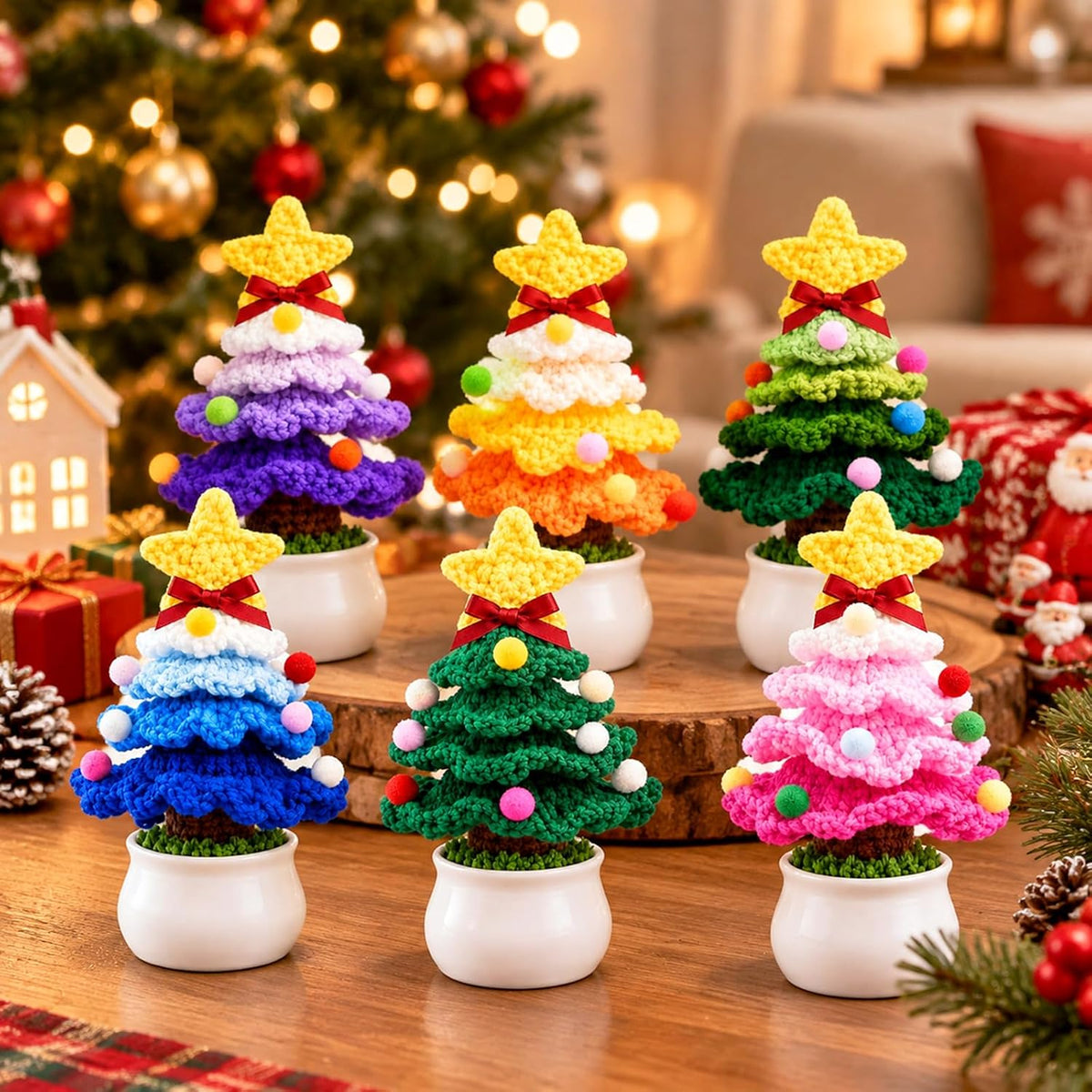 6 Sets Crochet Christmas Tree Gifts with Merry Christmas Cards