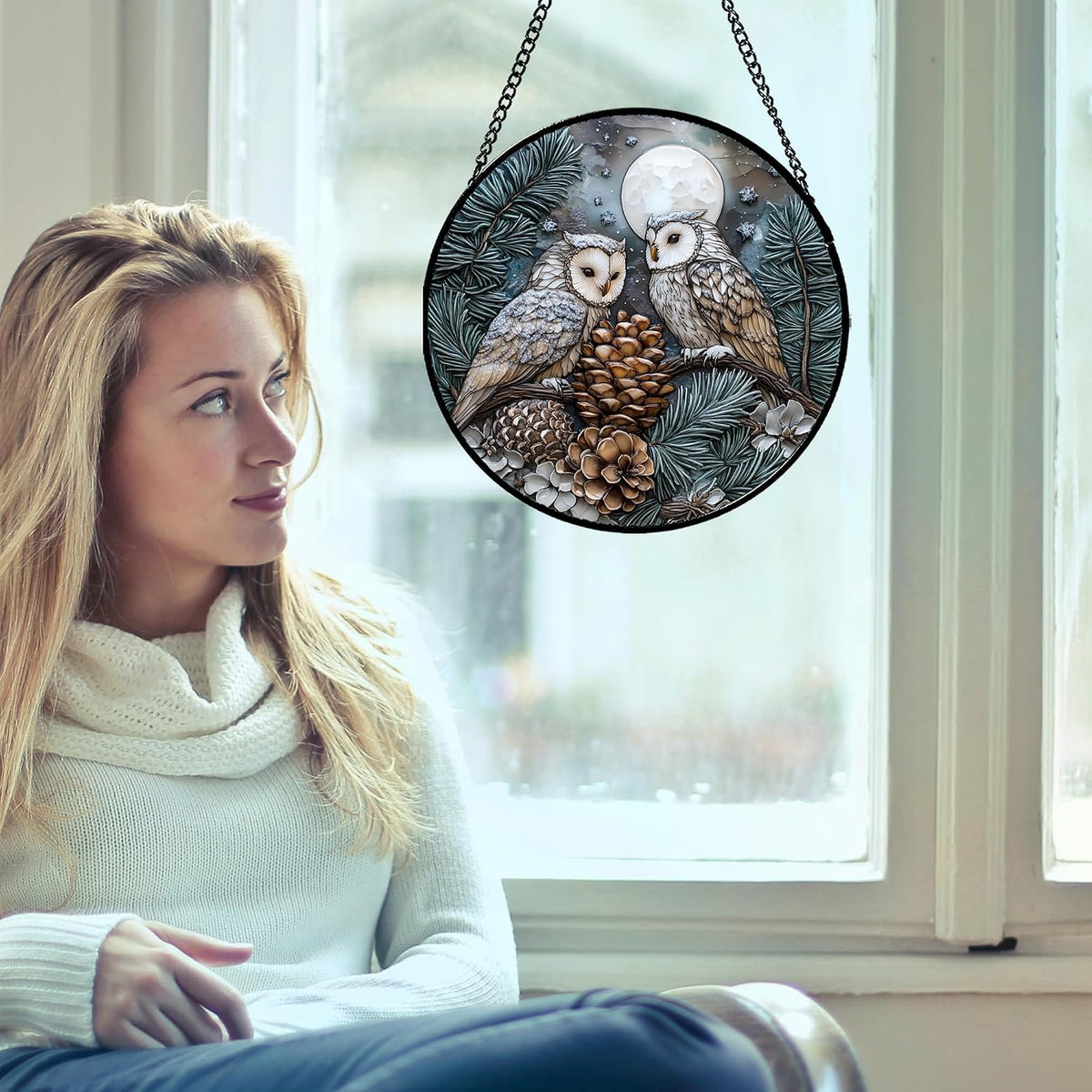 Owl Pinecones Forest Stained Glass Window Hanging Suncatcher Gifts 6.3"