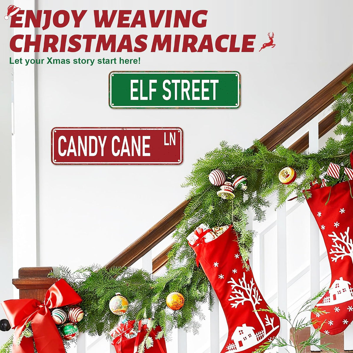 Candy Cane Lane Christmas Decorations 8 Pack, Double-Sided Vintage Street Signs of North Pole/Santaâ€™s Workshop/Gingerbread & More, All-Weather Outdoor Christmas Signs Yard Tree Ornament, 4 x 14 Inch