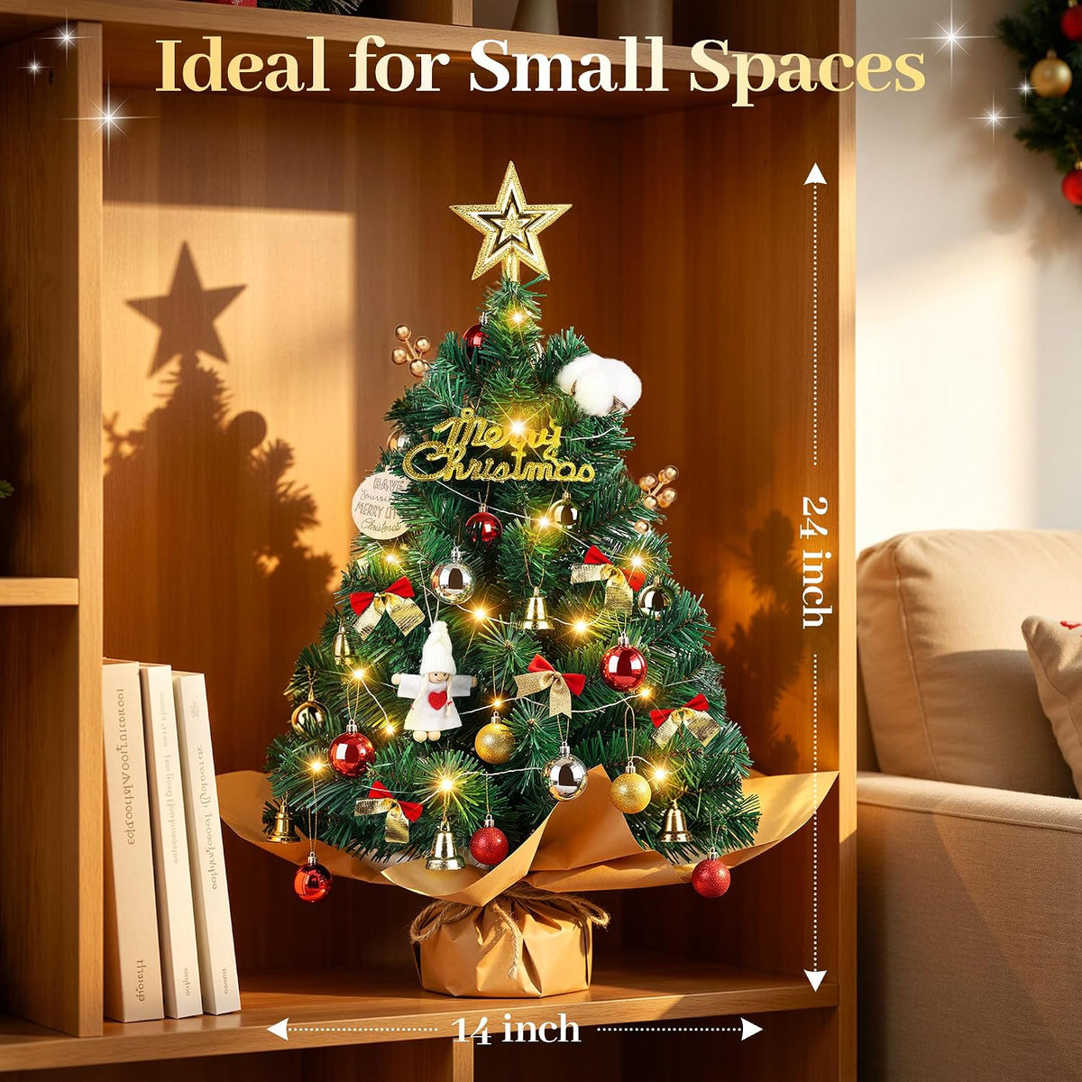 WISELIFE 24" Mini Tabletop Christmas Tree with Lights & Ornaments - Artificial Small Xmas Tree with Angel Decor, Desktop Christmas Decorations for Table, Office, Bedroom, Small Spaces