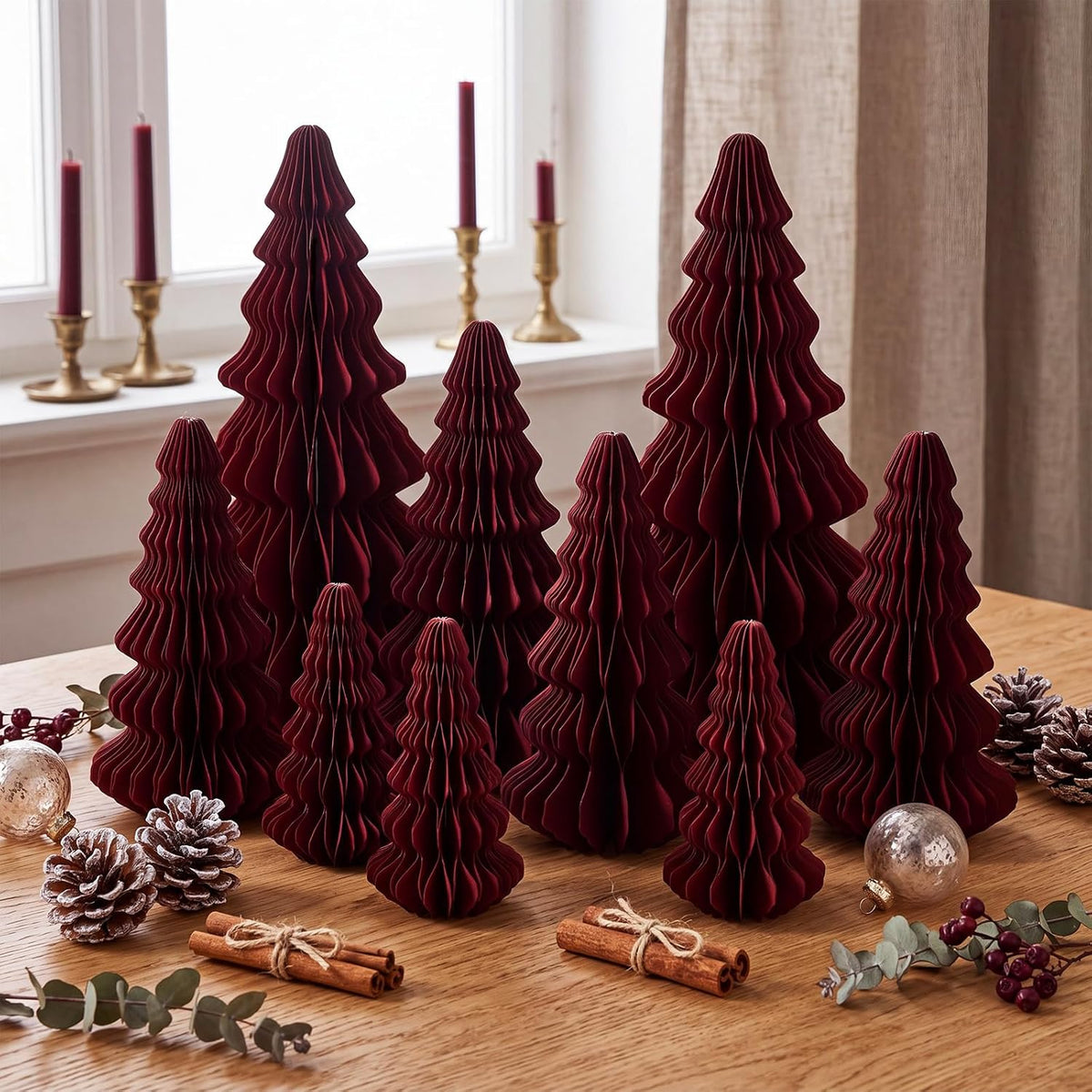 Fullhawl 10 Pcs Honeycomb Paper Christmas Tree, Burgundy, 4/6/7/10 Inch
