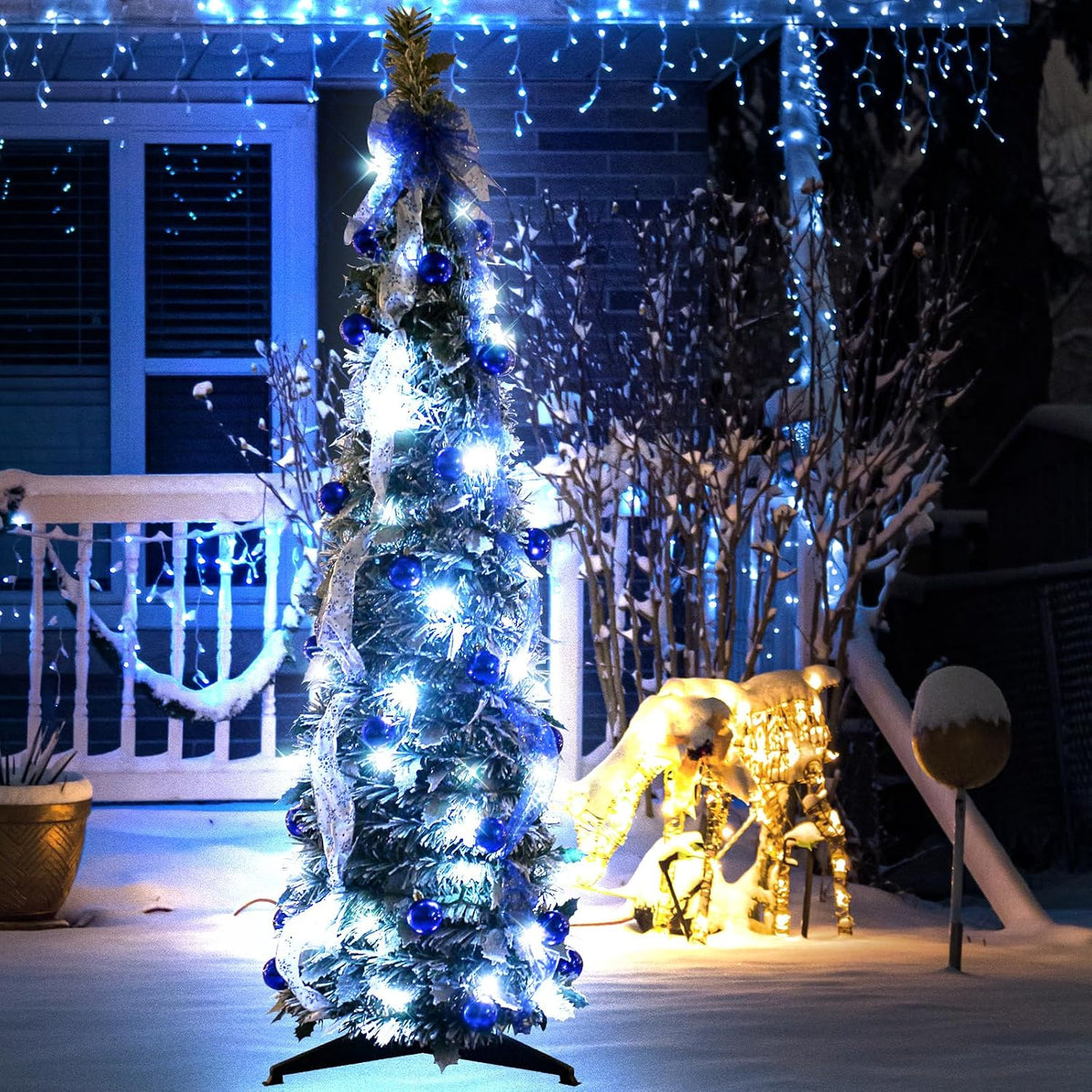 4FT Pop Up Christmas Tree Pre-lit Green Snowy Pencil w/Blue Bow,60 Lights
