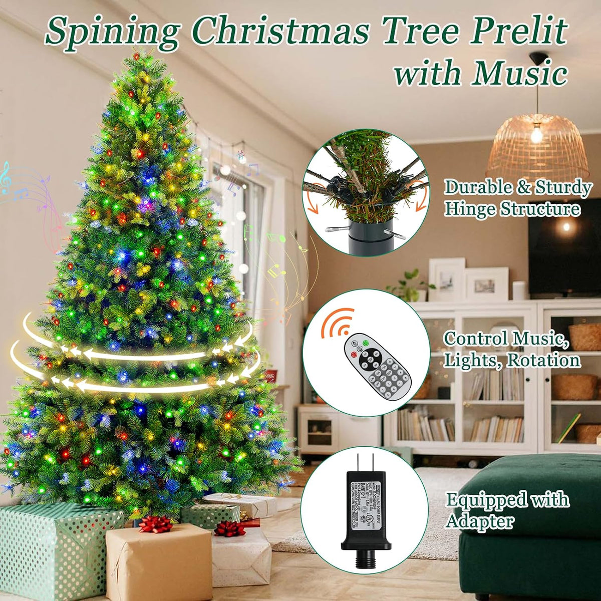 360Â° Rotating Prelit Christmas Tree 6ft - Musical Artificial Christmas Tree with Remote Control, 860 PE & PVC Mixed Tips, 8 Modes 280 Multicolor LED Lights for Holiday Decor