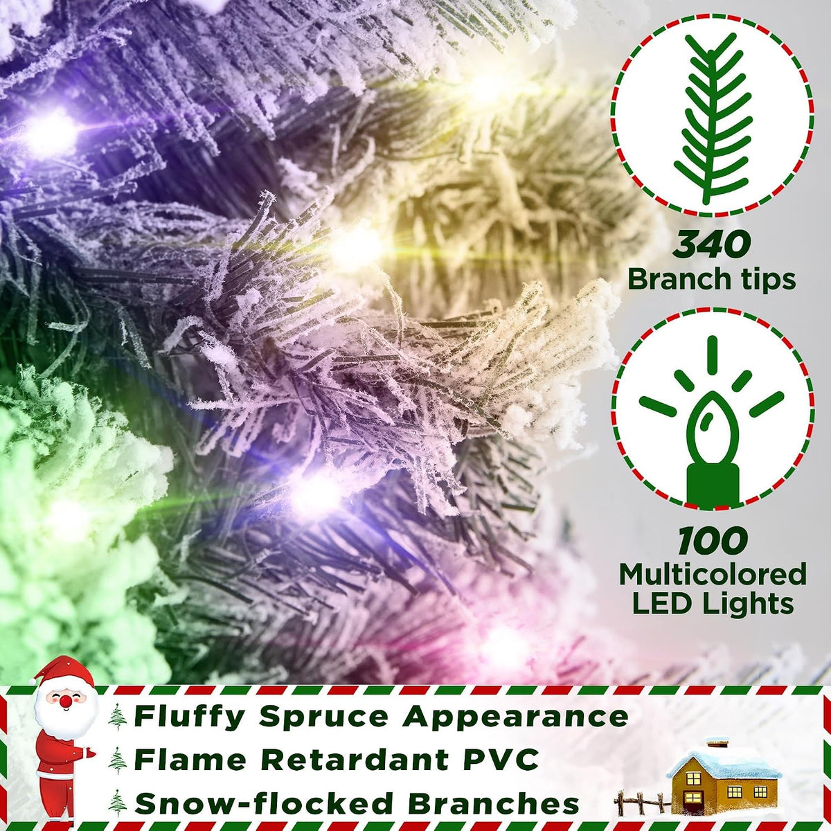 Yaheetech 4.5ft Pre-lit Spruce Artificial Christmas Tree Snow Flocked Hinges Tree with 100 Multicolor LED Lights & 340 Branch Tips & Metal Stand for Home, Office, Party Decoration, Green & White