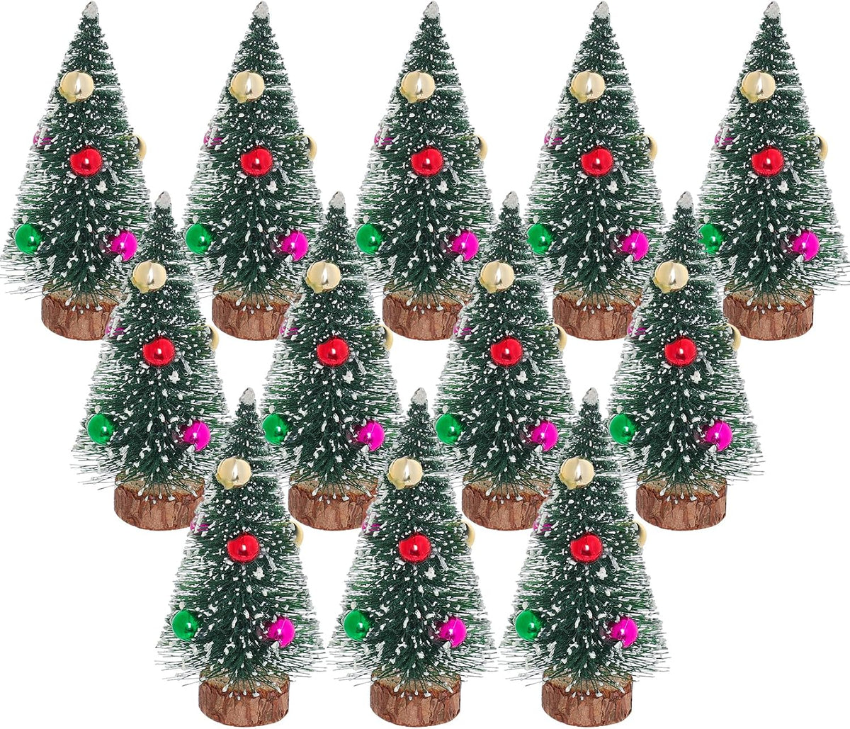 Yookat 12Pcs Mini Christmas Trees Bottle Brush Trees Small Sisal Trees Mini Pine Trees with Wood Base Small Bottle Brush Trees for Christmas Winter Decoration (Green)