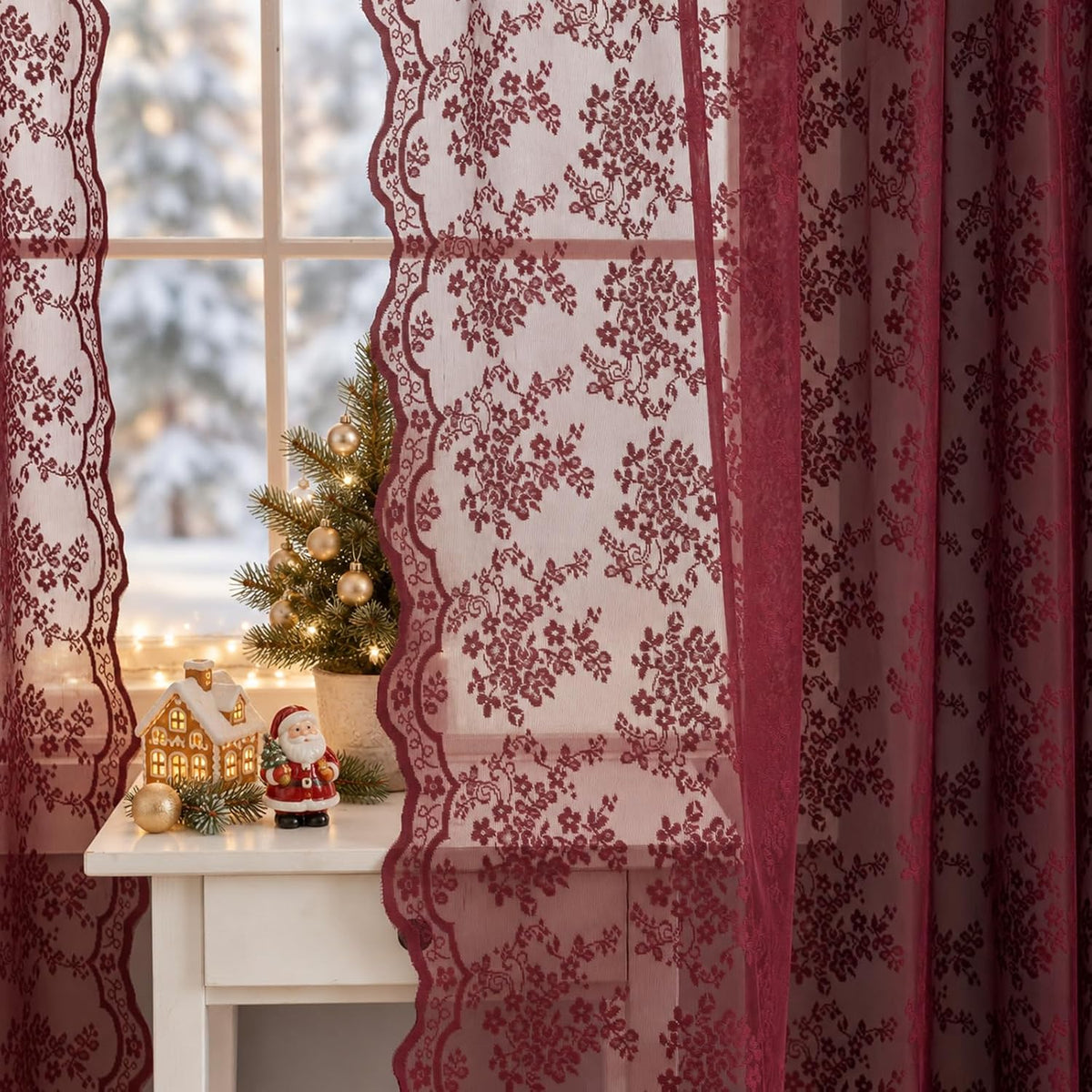 YJ YANJUN Vintage Lace Curtains 84 Inches Long- Elegant Floral Maroon Sheer Curtains Timeless Christmas Burgundy Drapes for Living Room Bedroom Privacy 7 FT 52W x 84L (Set of 2) Deep Merlot
