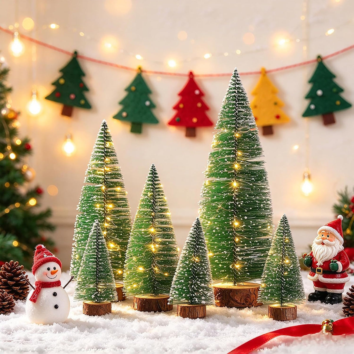 Mini Christmas Tree with Lights, Small Table Top Decorations, Desktop Miniature Pine Tree Xmas Holiday Decor Indoor Home, Bottle Brush Trees with Wooden Base, 6 Pcs with Light