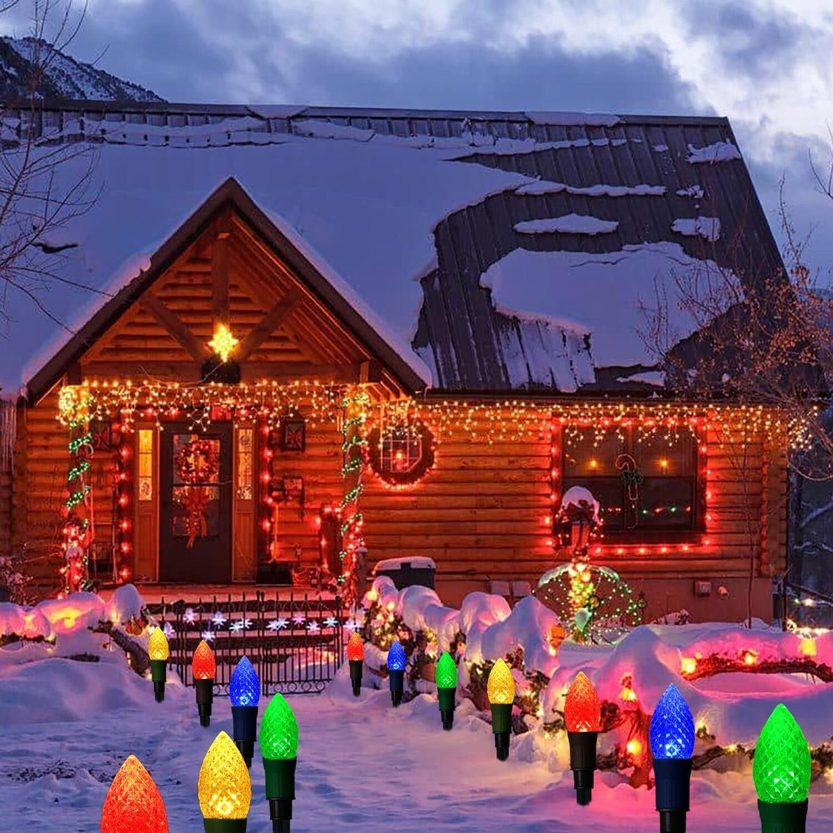 Solar Christmas Pathway Lights, 20 LED C9 String Lights with 20 Stakes, 23FT Solar Powered Multicolored Decorations for Roof, Yard, Patio, Walkway, Driveway