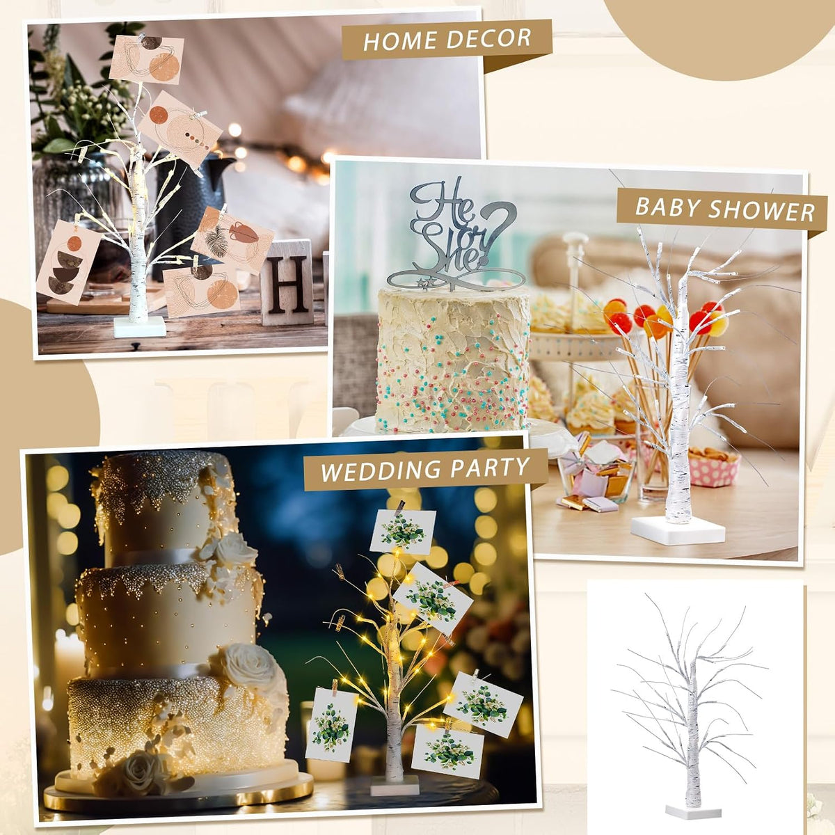 Retisee 4 Pieces Money Tree Gift Card Holder with 12 Clips & 24 LED Lighted Tips 2 FT White Birch Money Tree for Cash Memo Photo Picture Tabletop Display Christmas Birthday Party Wedding Gifts
