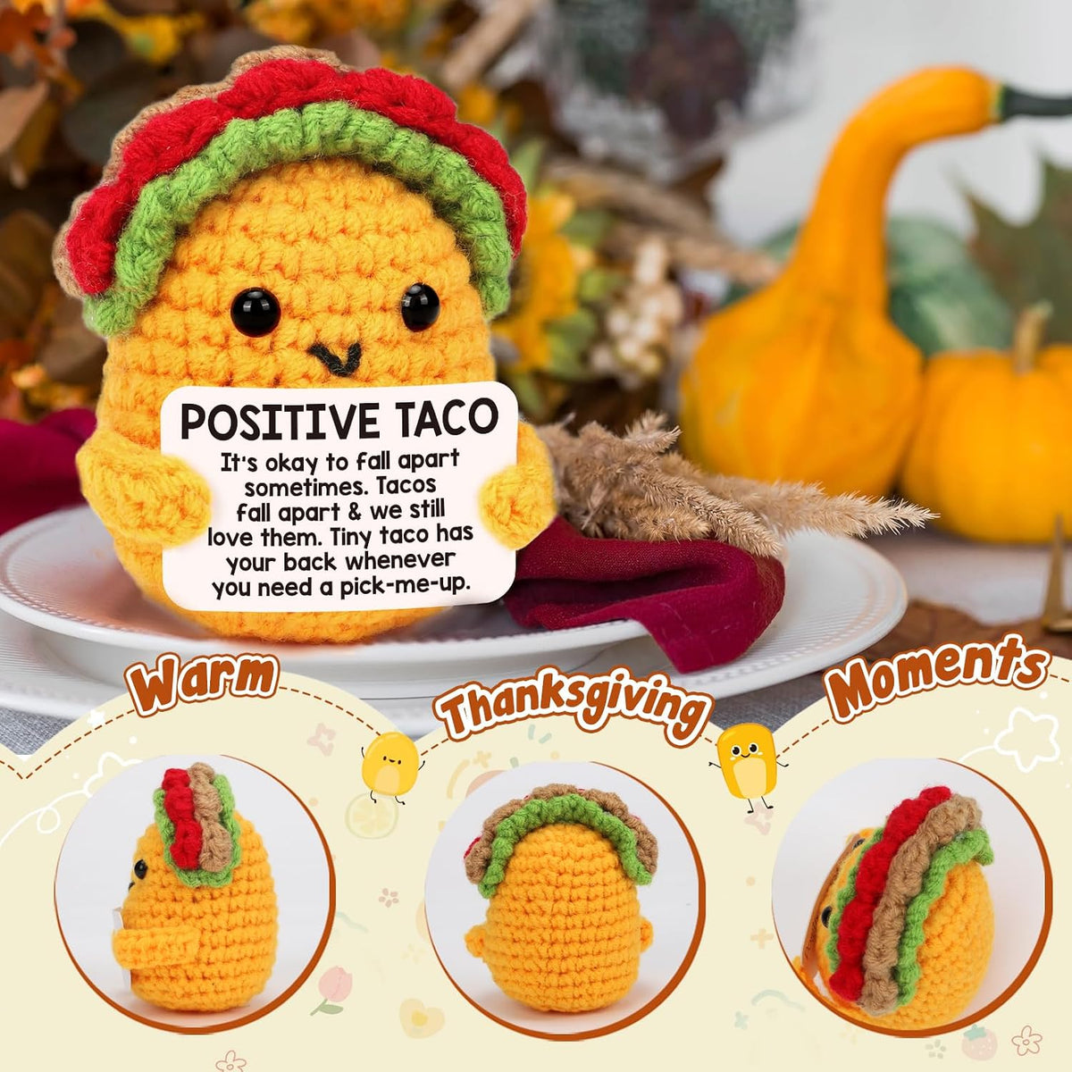 Positive Crochet Taco Christmas Birthday Gifts for Women Men Stocking Stuffers Basket Holiday Decor Self Care Card Teacher Adult Kids Son Mom Dad Daughter Sister Friend Coworkers Inspirational Gift