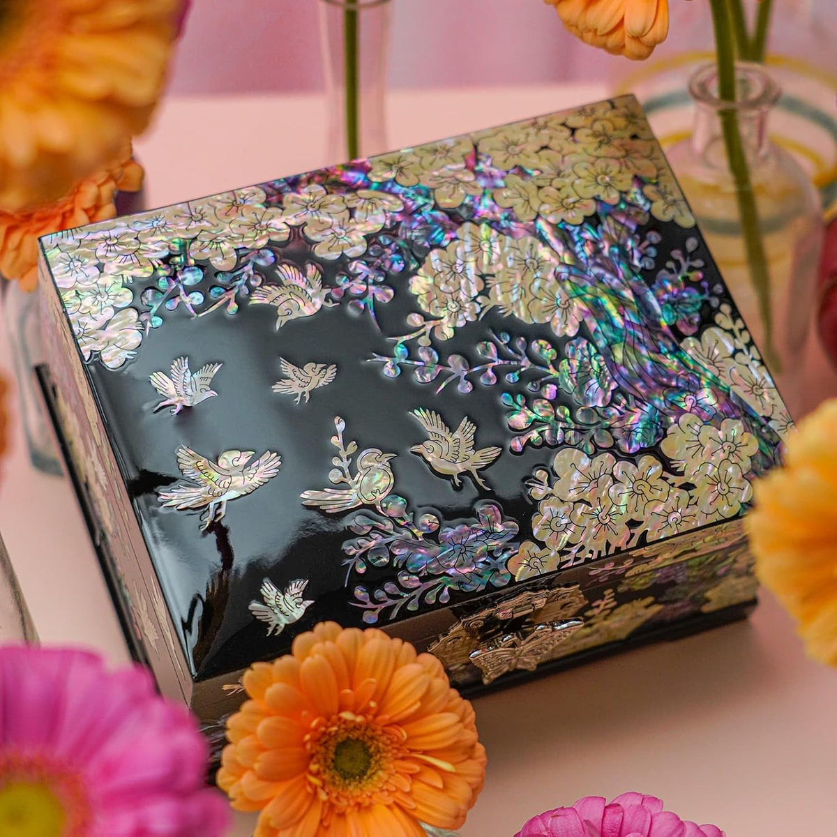 February Mountain Mother-of-Pearl Jewelry Box â€“ Handcrafted Bird & Floral Design, Two-Tier Organizer with Mirror, Black Lacquer Finish, Red Velvet Interior â€“ Christmas Gift for Women
