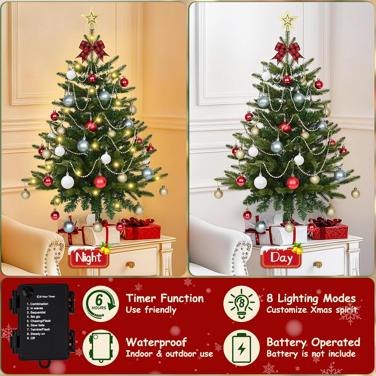 Uspring 3FT Small Christmas Tree with Lights, Artificial Table Top Christmas Tree with 50 LED Lights and Hanging DIY Ornaments, Mini Xmas Trees for Indoor Holiday Home Party Decorations