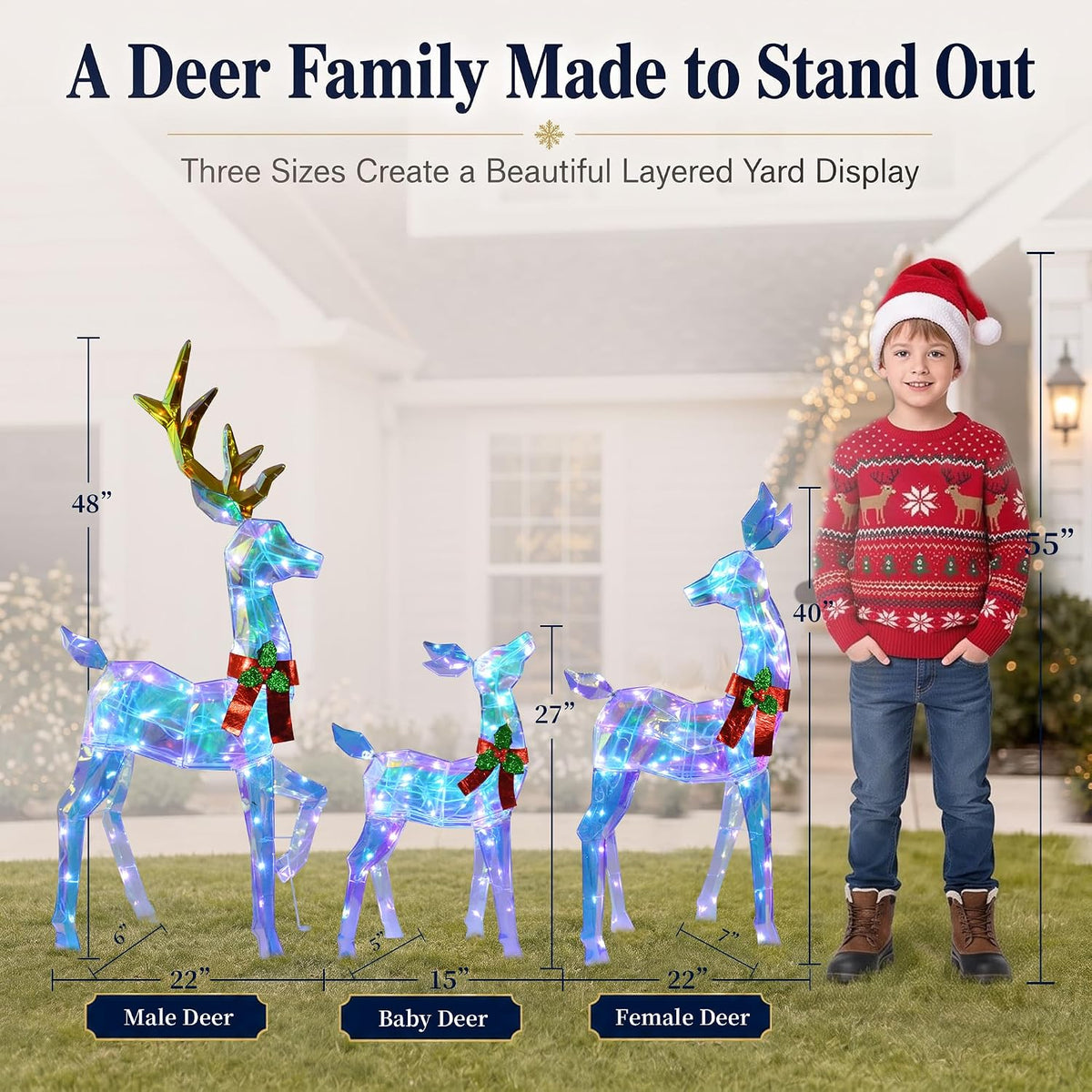 48" 3-Piece 2.5D Colorful Lighted Christmas Deer Family Outdoor Decorations, Clear-Look Reindeer Set with 145 Lights, Gold Antlers, Stakes and Zip Ties for Yard Lawn Porch Garden Holiday Decor