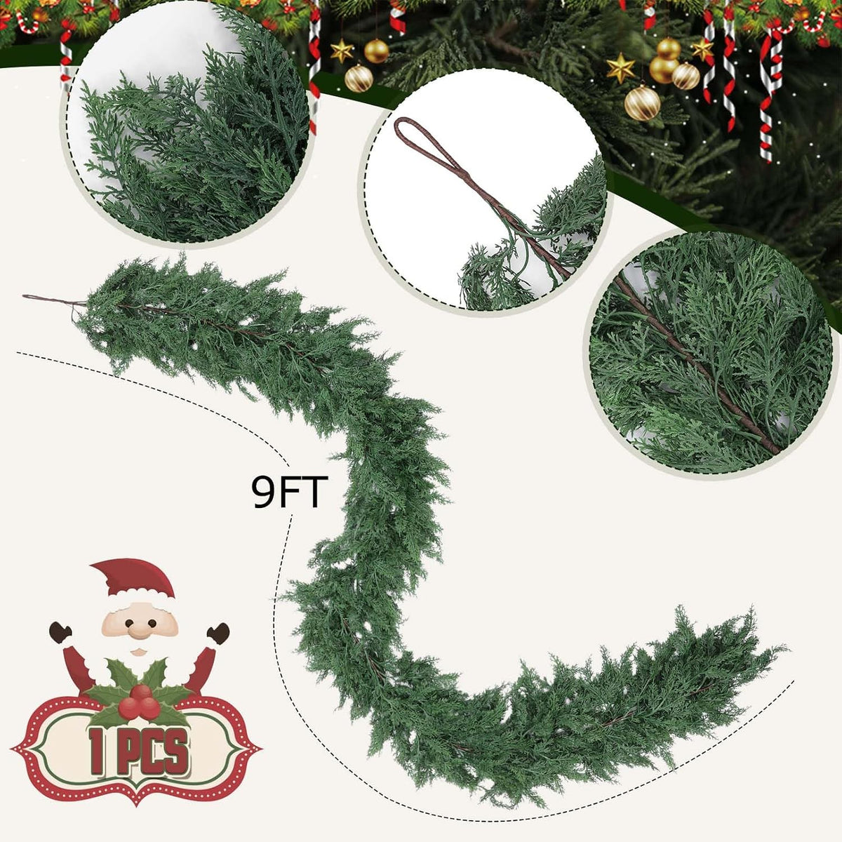 Hananona 9 FT Christmas Garland, Real Touch Cedar Garlands, 1 Pcs